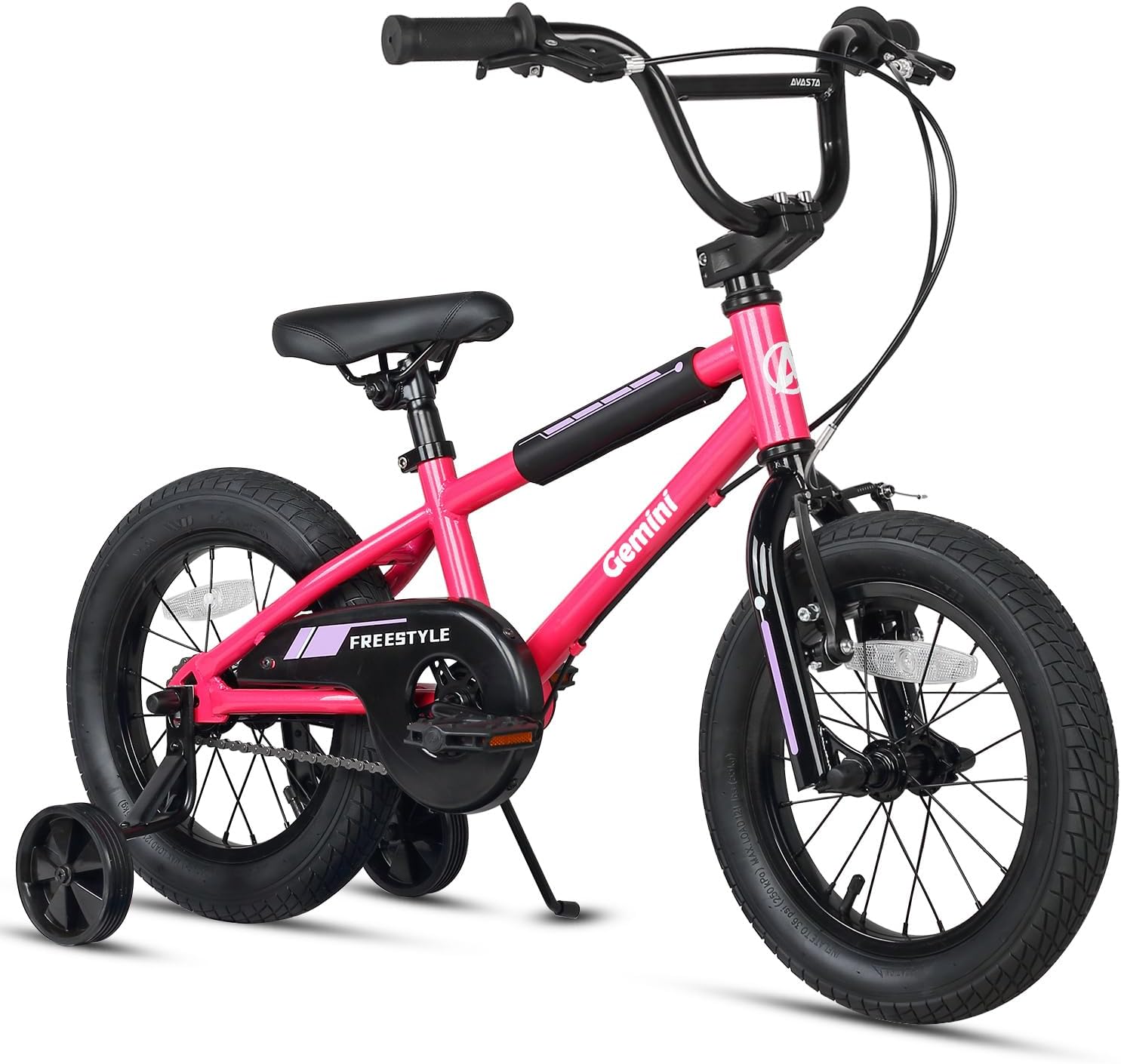 Pink 16-inch kids bicycle with training wheels, freestyle design, and black rims.