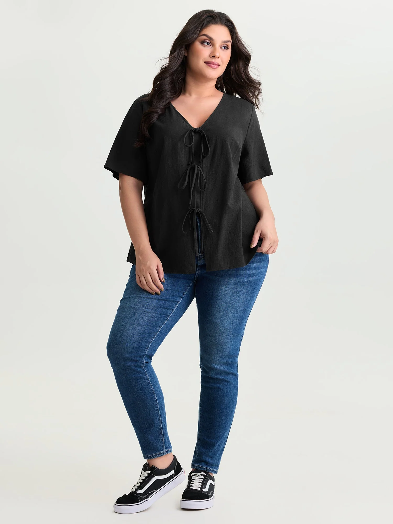Cotton Triple Bow-Tie Front Plain Shirt