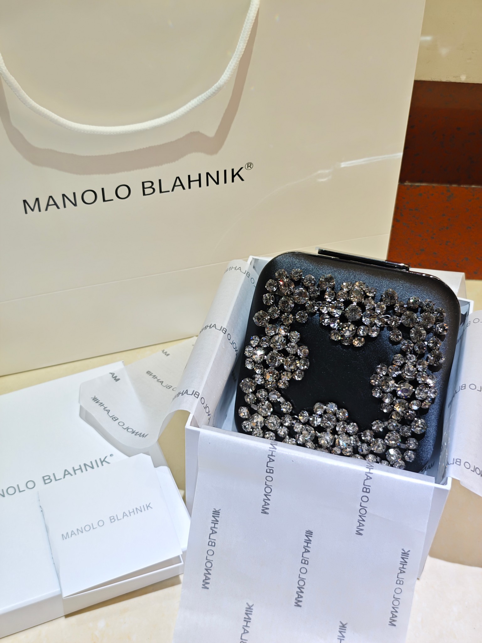 [TOP] MANOLO BLAHNIK Lace-patterned Square Bag 15.8*17*7.3cm - Dark Blue - 711 Luxury