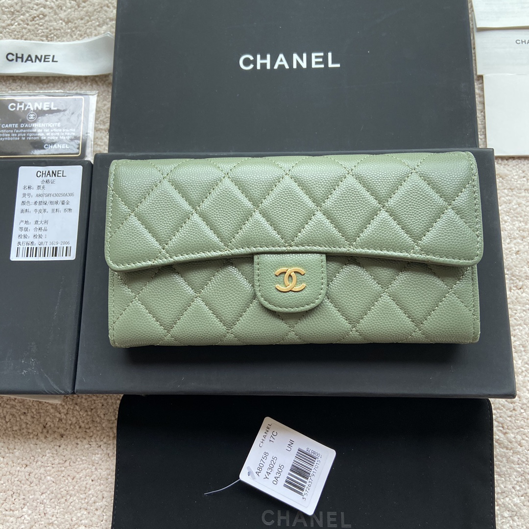 [TOP] CHANEL Long Folding Caviar Wallet 19cm - Green - GHW - 711 Luxury
