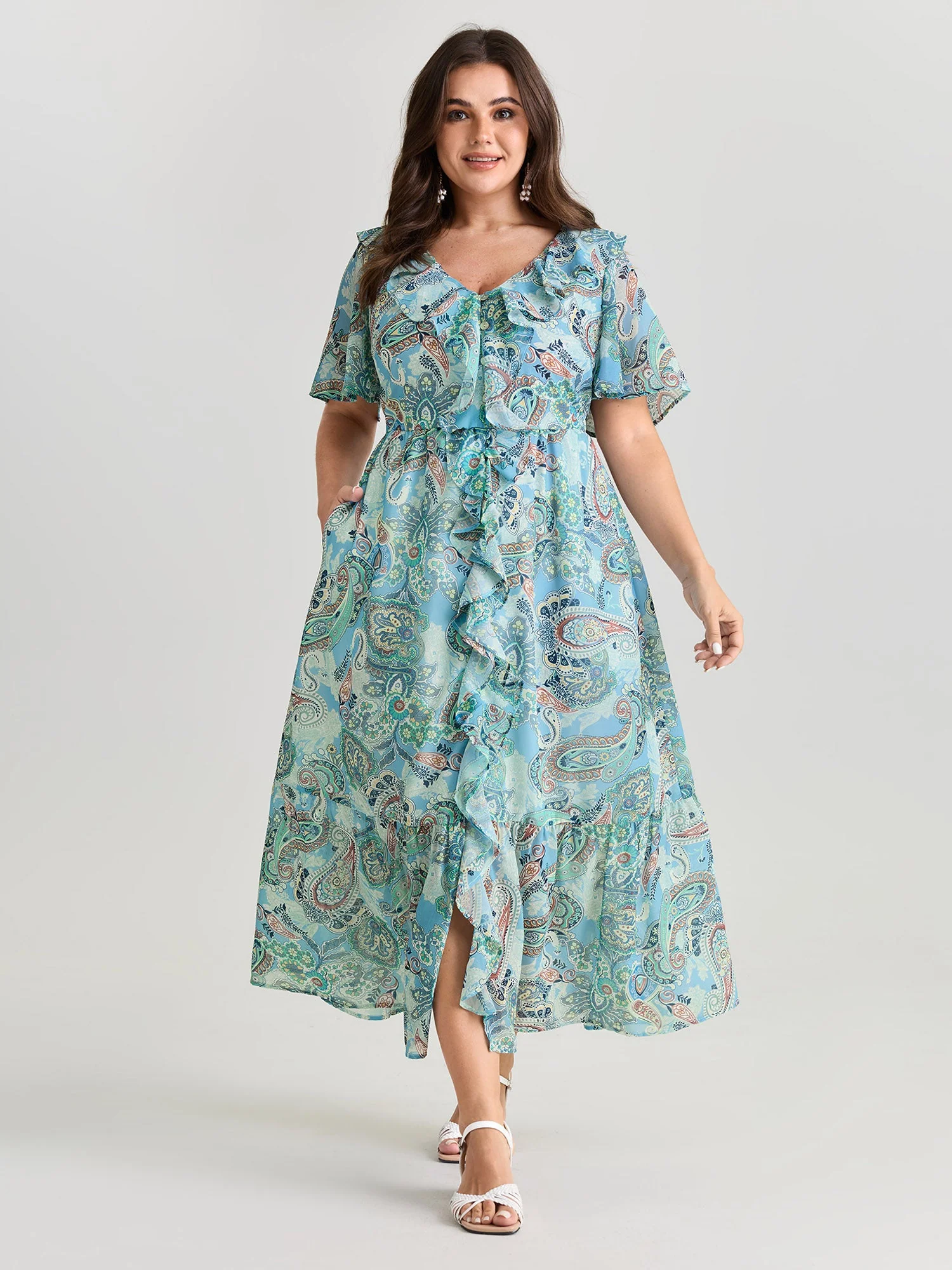 Delicate Paisley Print Ruffled Detail Maxi Dress