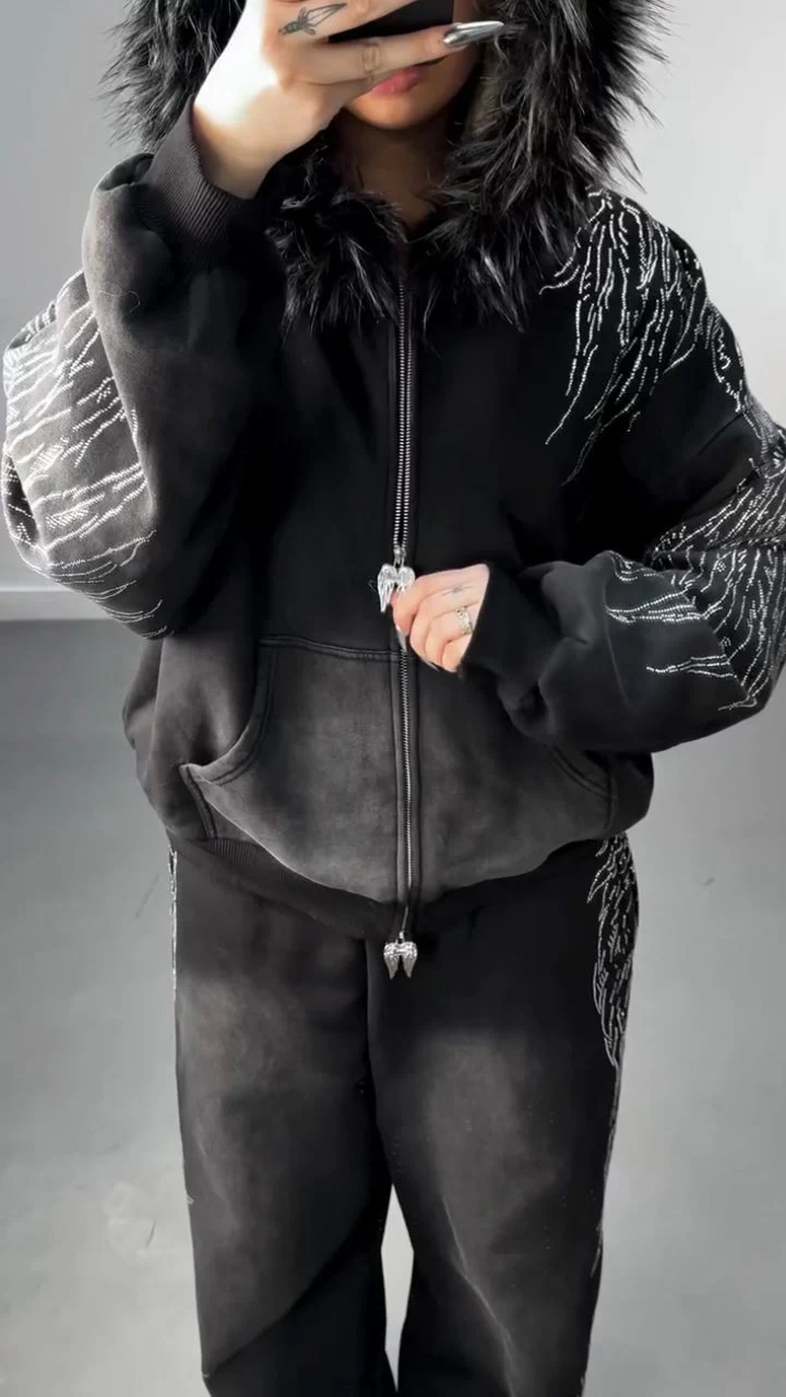 Women Hooded Hot Stamping Rhinestone Jacket+ Pants Casual Set