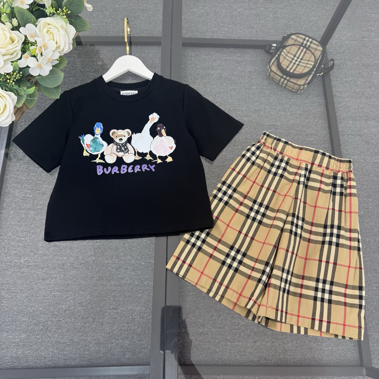 Burberry Unisex Kids Cartoon Duck Bear Print Short Sleeve Cotton T-Shirt & Vintage Check Elastic Waist Shorts Two Piece Sibling Set Boys Girls Sizes 100-160 Black