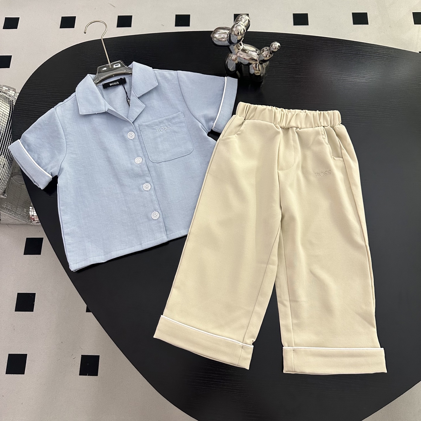 Boss Unisex Kids Light Blue Lapel Short Sleeve Button Shirt & Khaki White Piping Cuffed Long Pants Set Boys Girls Sizes 90-150