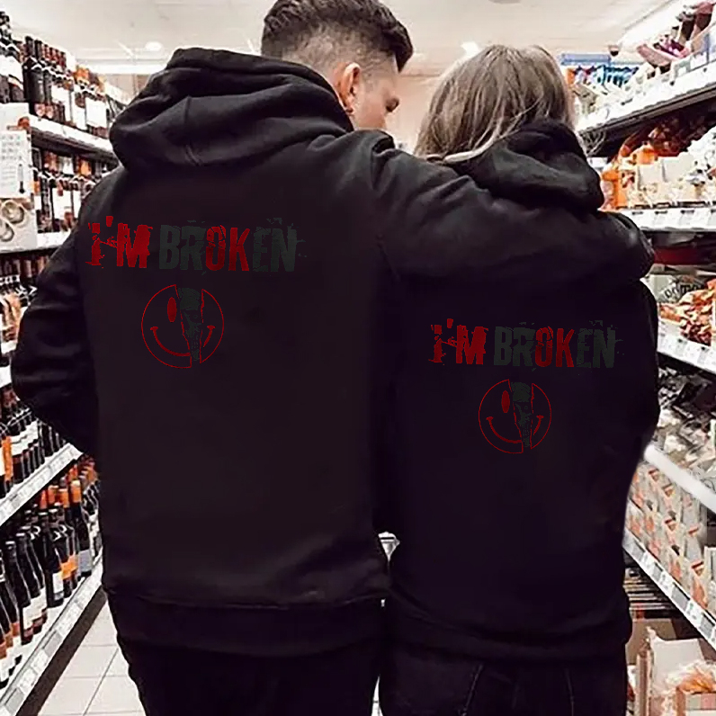 Vintage I'm Broken Letters Skull Print  Couple Casual hoodies
