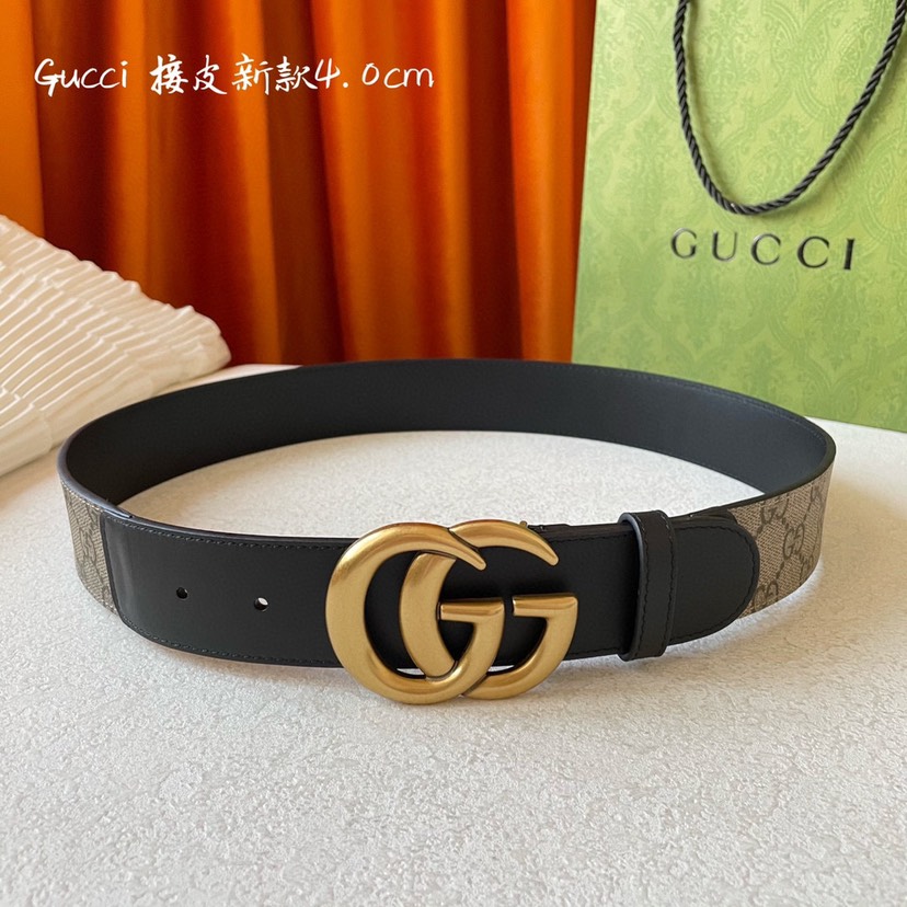 [TOP] GUCCI GG Belt Cowhide 4.0cm - Black/Beige - 711 Luxury