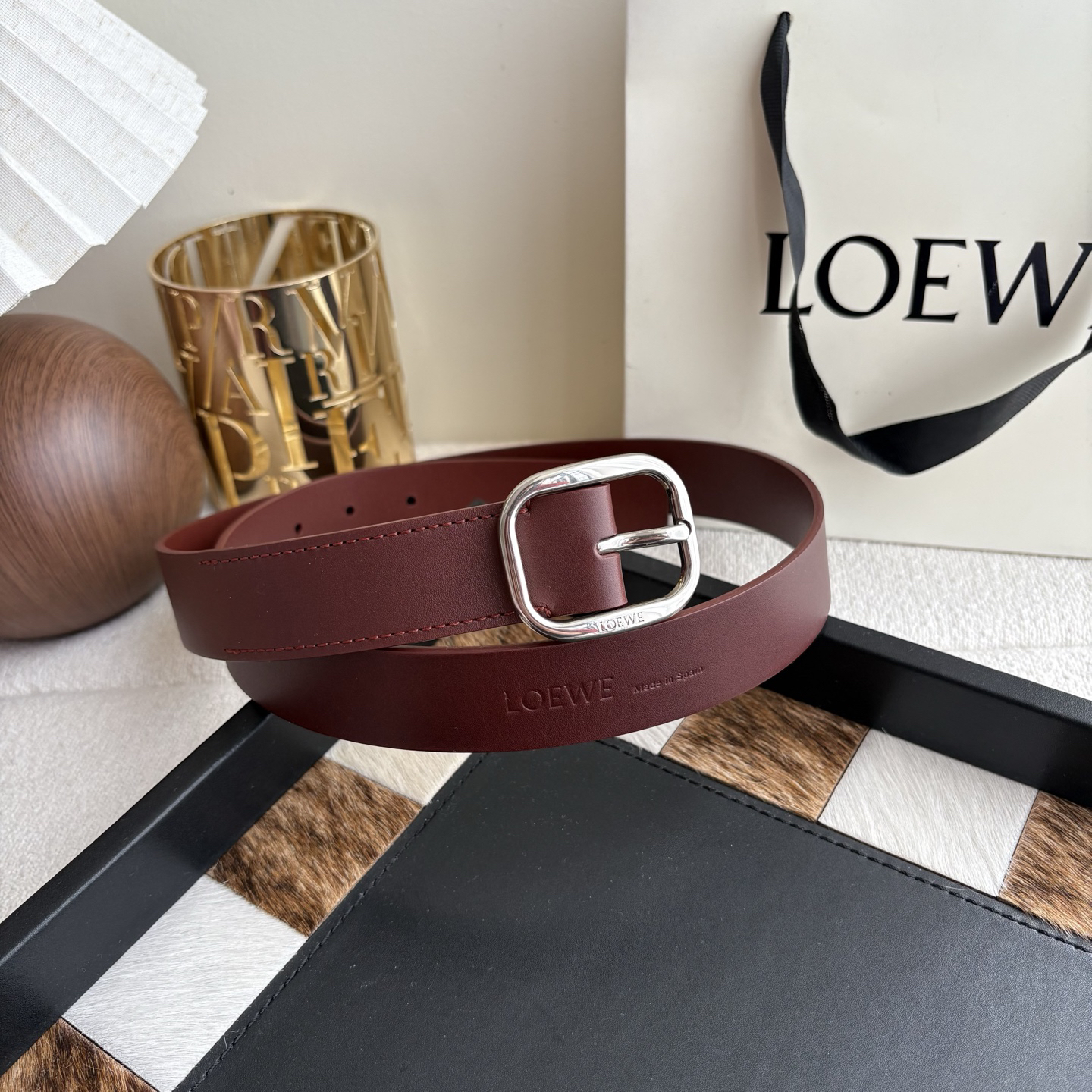 [TOP] LOEWE Pebble Leather Belt 3.2cm - Wine Red - 711 Luxury