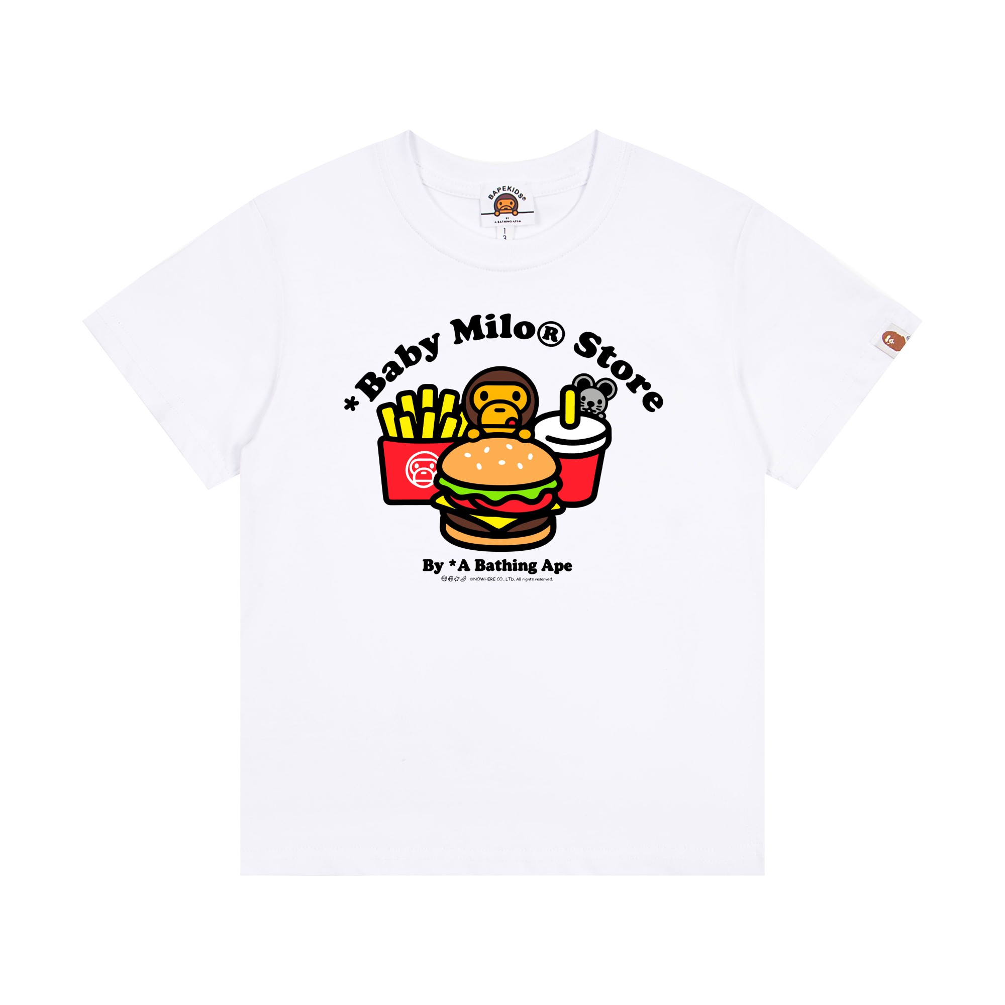 Bape Unisex Kids White Pink Red Black Baby Milo Burger Fries Soda Graphic Short Sleeve T-Shirt Boys Girls Sizes 90-150