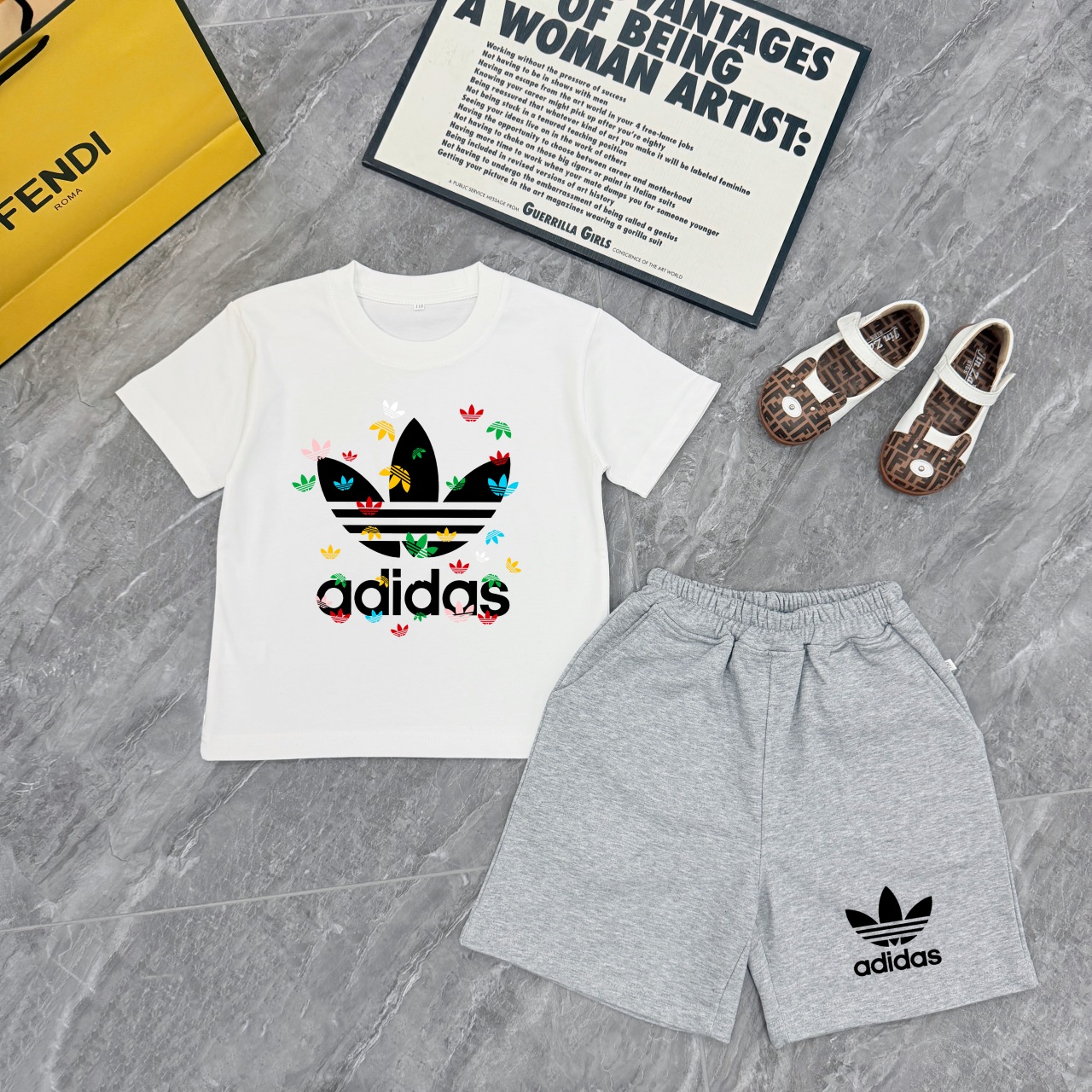 Adidas Unisex Kids 2Pcs Summer Tracksuit Colorful Mini Trefoil Print Short Sleeve Tee & Drawstring Logo Shorts Full Tags Sizes 90-150 Boys Girls Matching Sport Outfit Set