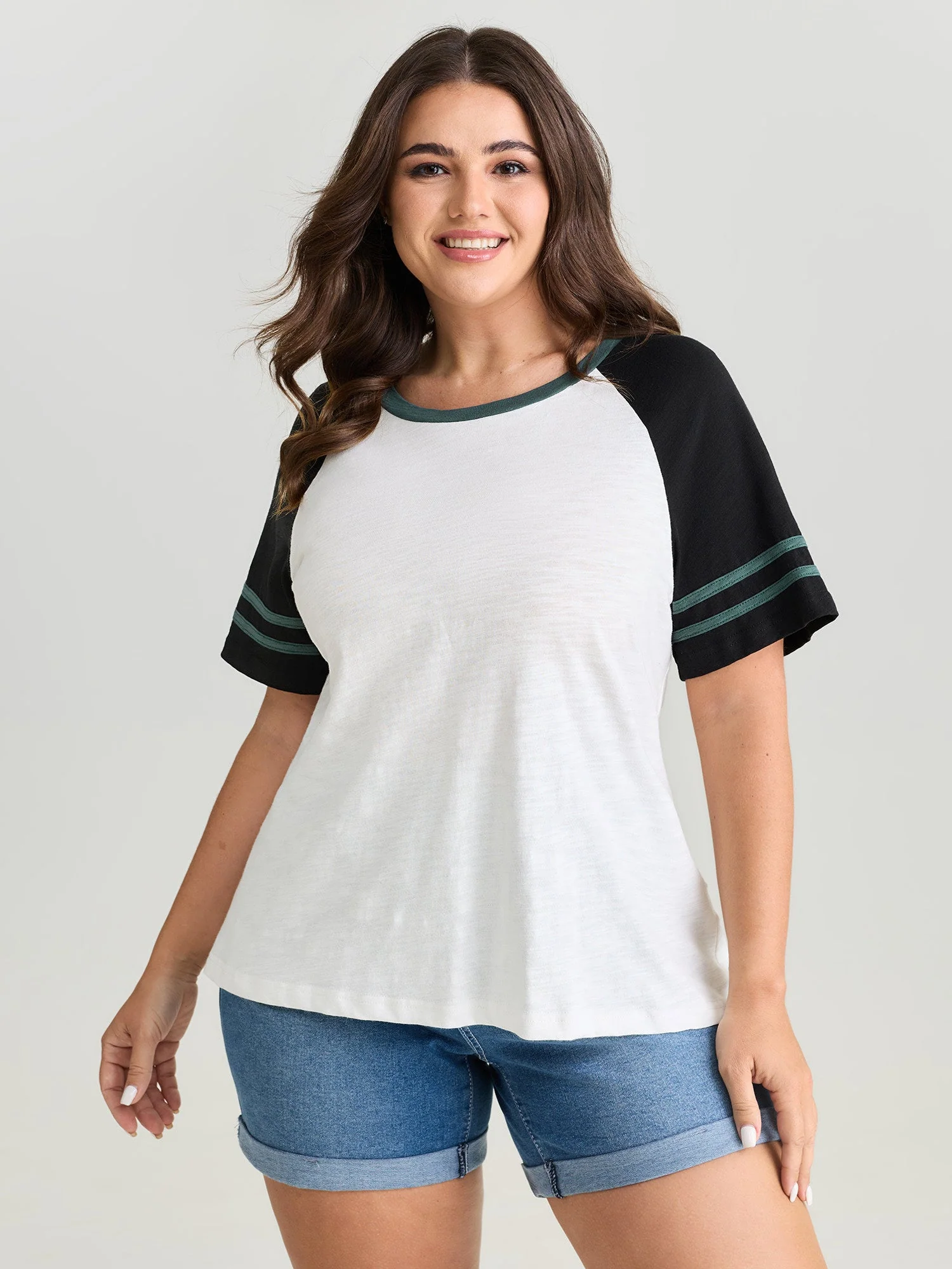 Cotton Stretchy Raglan Color Contrast Sleeve T-Shirt