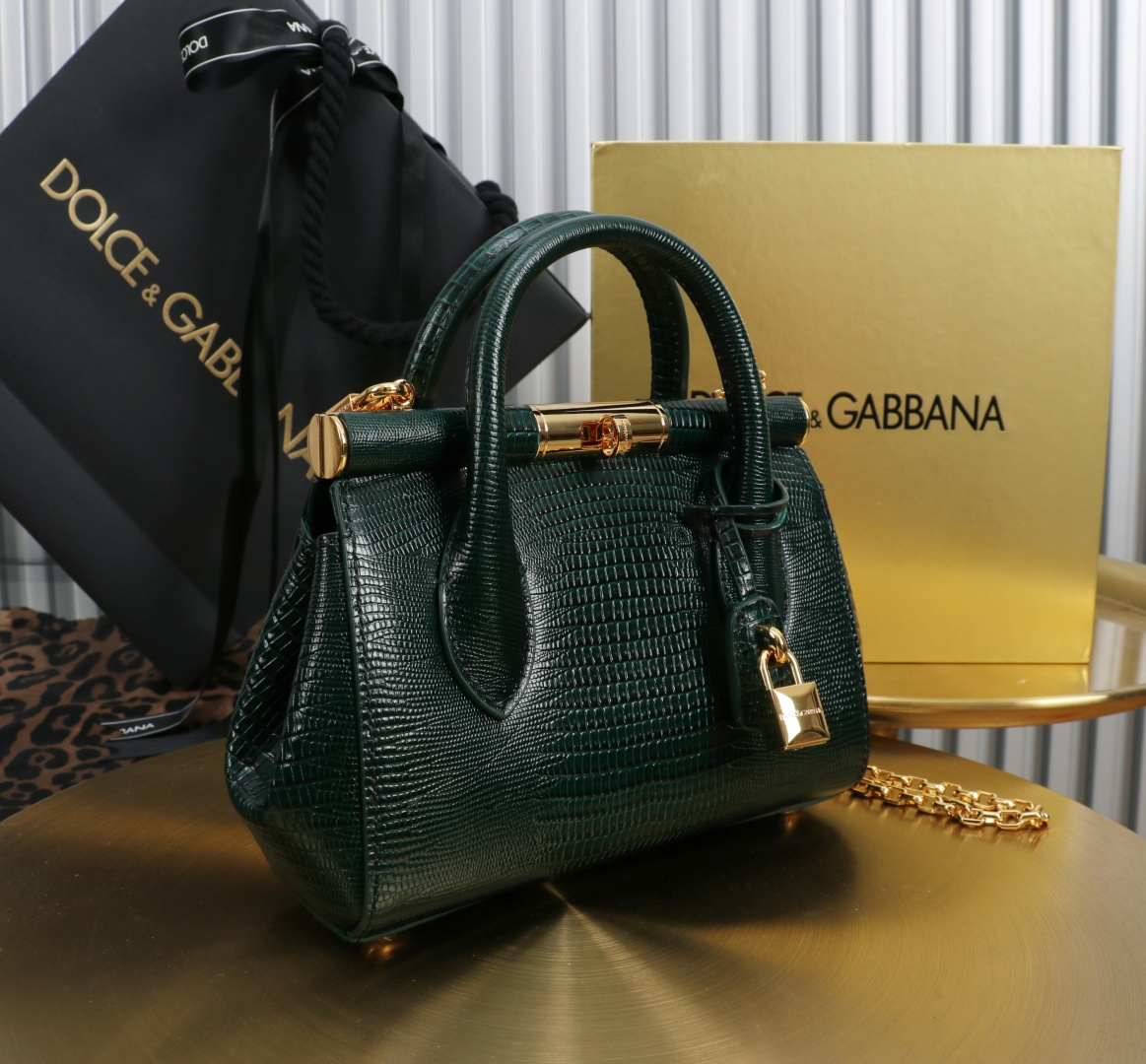 [TOP] Dolce & Gabbana D&G Marlene Bag Calfskin with Lizard Print 19x13.5x7cm - Dark Green - 711 Luxury