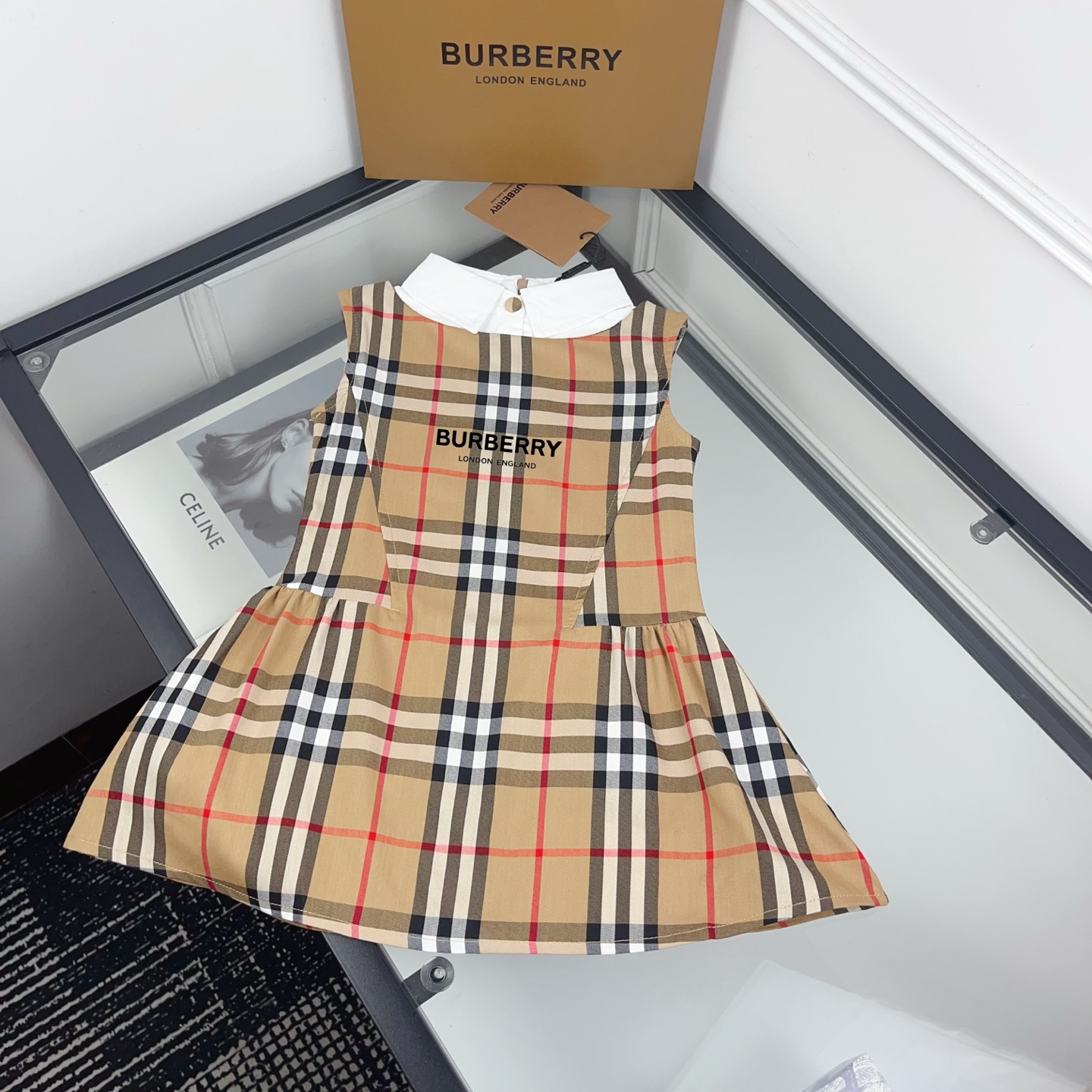 Burberry Girls Vintage Check Sleeveless Peter Pan Collar A-Line Cotton Pinafore Dress Kids Classic Plaid Dress Sizes 100-160