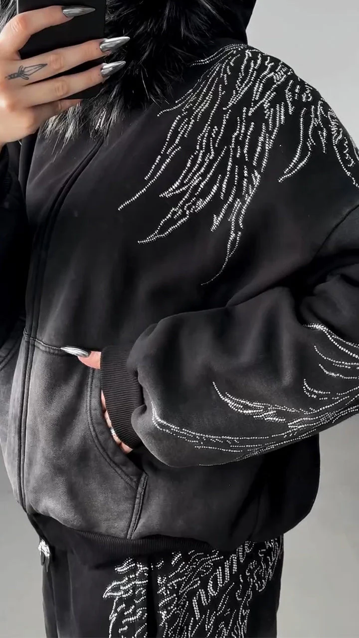 Women Hooded Hot Stamping Rhinestone Jacket+ Pants Casual Set
