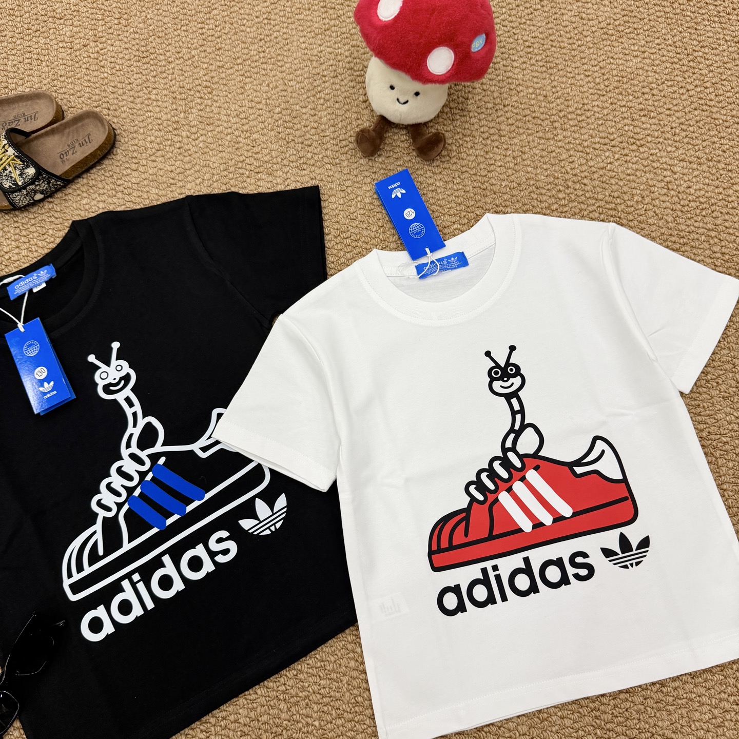 Adidas Unisex Kids Short Sleeve T-Shirt Cute Cartoon Snail Sneaker Graphic Cotton Tee Full Complete Tags Sizes 90-150 Boys Girls Summer Casual Sports Top