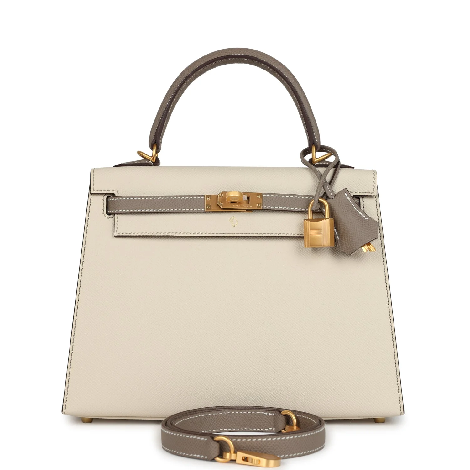 Hermes Special Order (HSS) Kelly Sellier  Craie and Gris Asphalte Epsom Brushed Gold Hardware