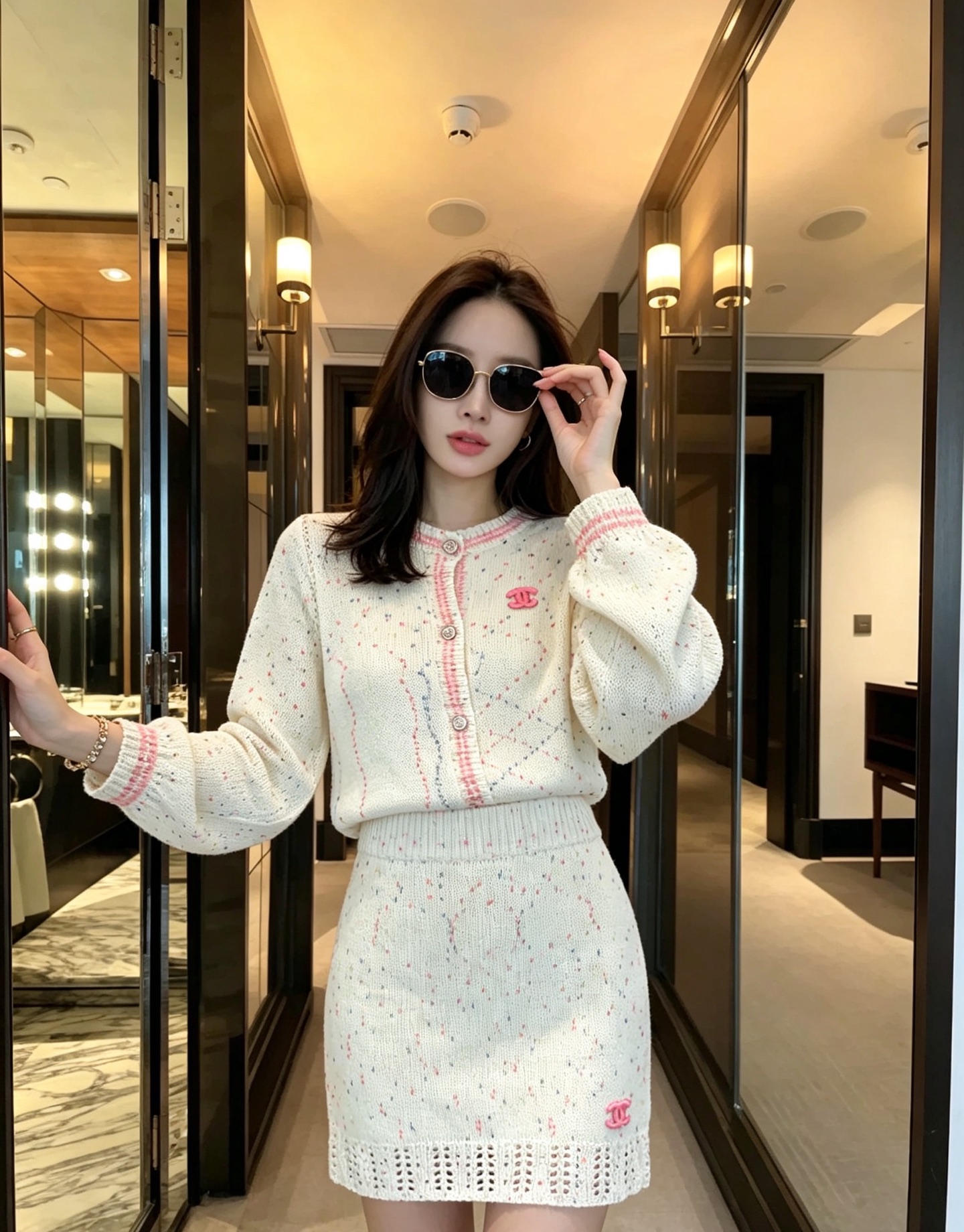 [TOP] CHANEL Knit Cardigan + Skirt Set - White - 711 Luxury