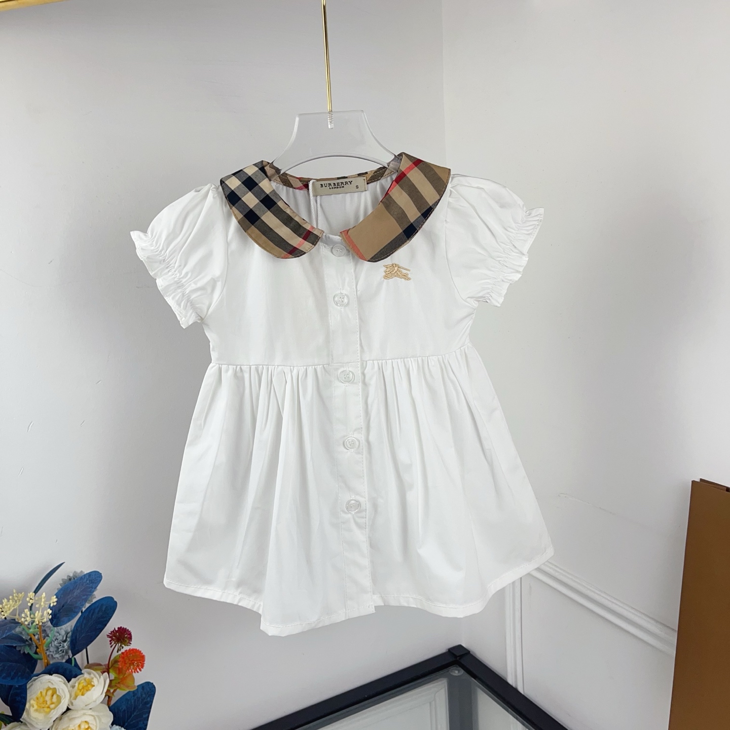 Burberry Baby Girls White Vintage Check Peter Pan Collar Puff Sleeve Cotton Sundress Kids Elegant Princess Dress Sizes 90-130