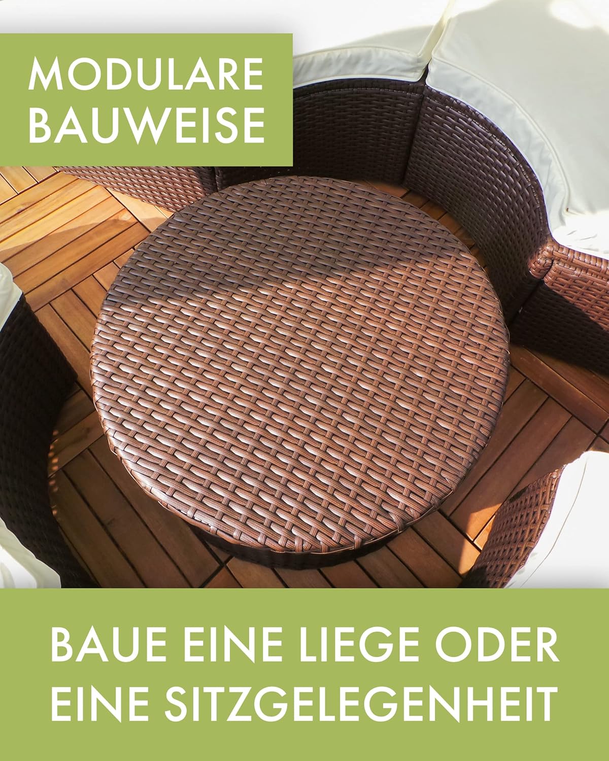 Polyrattan Sun Island with LED Lighting + Solar Module, Rattan Garden Lounger, Sun Bed with Rain Cover