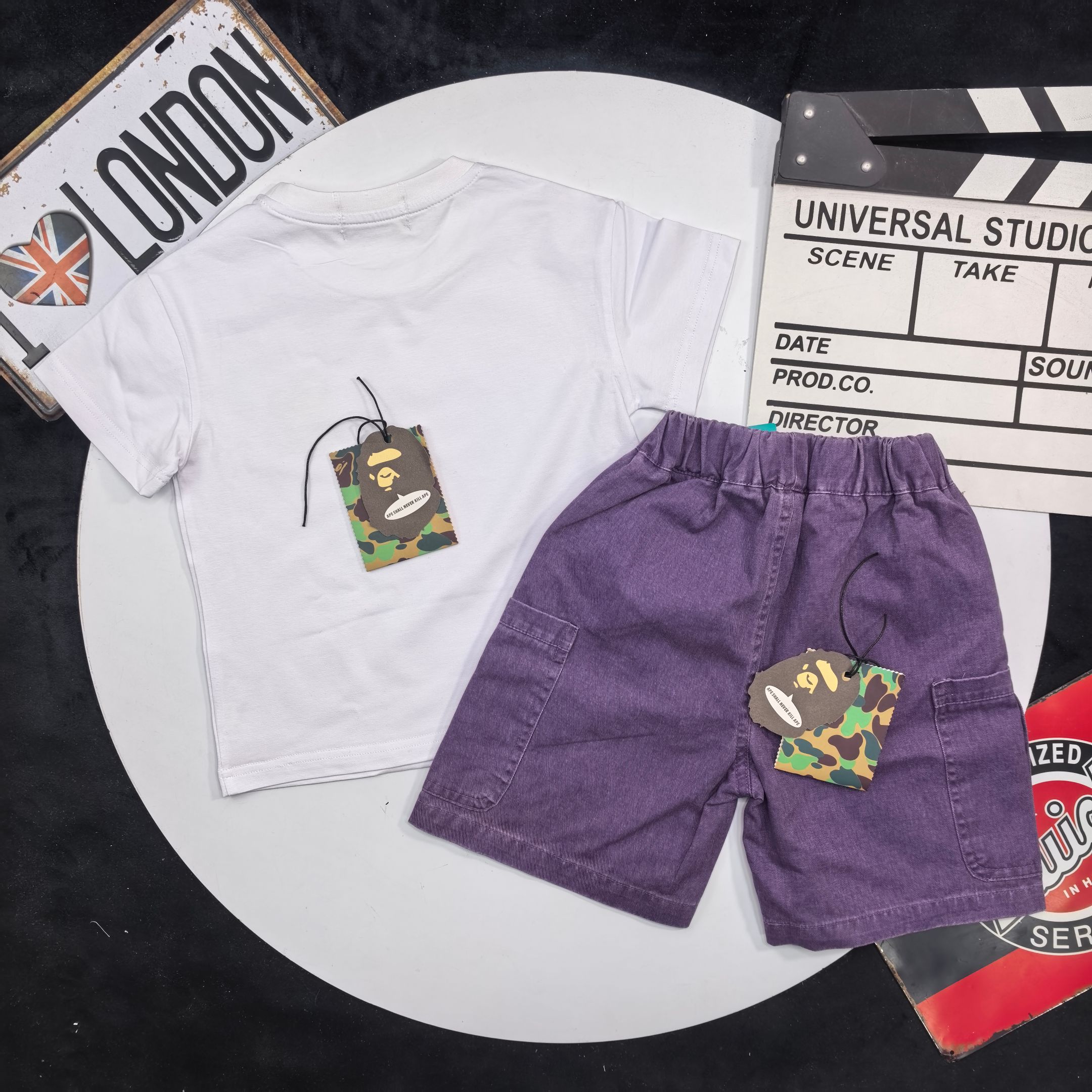 Bape Unisex Kids White Multicolor Camo Ape Head Print Short Sleeve T-Shirt & Purple Washed Cargo Denim Shorts Set Boys Girls Sizes 90-150