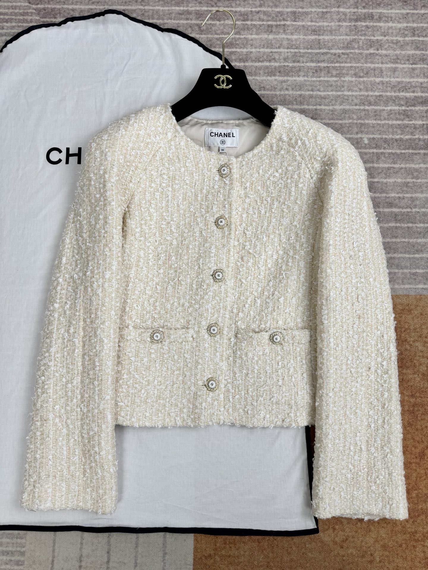 CHANEL Jacket Skirt Tweed Beige White #335943