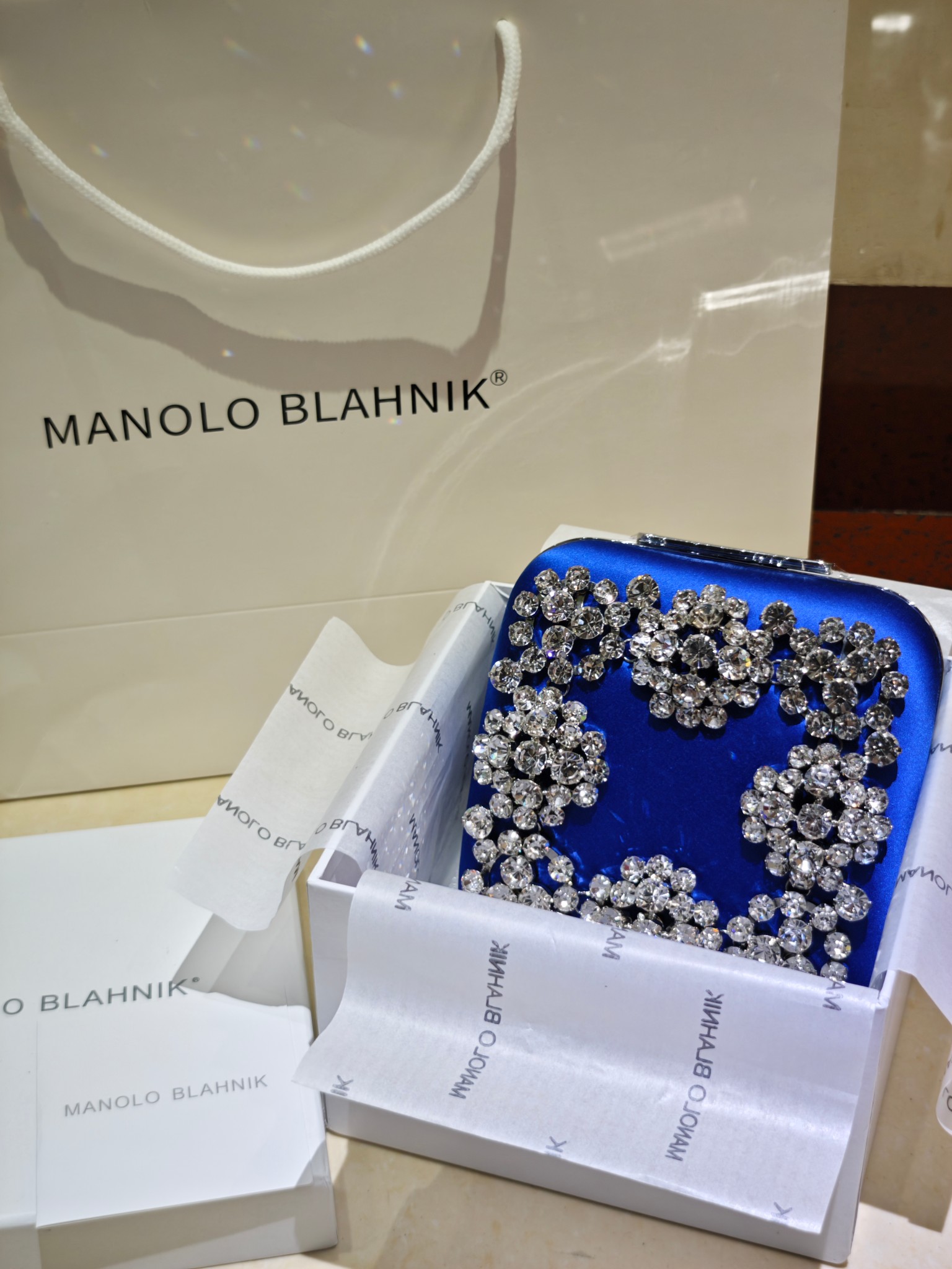 [TOP] MANOLO BLAHNIK Lace-patterned Square Bag 15.8*17*7.3cm - Blue - 711 Luxury