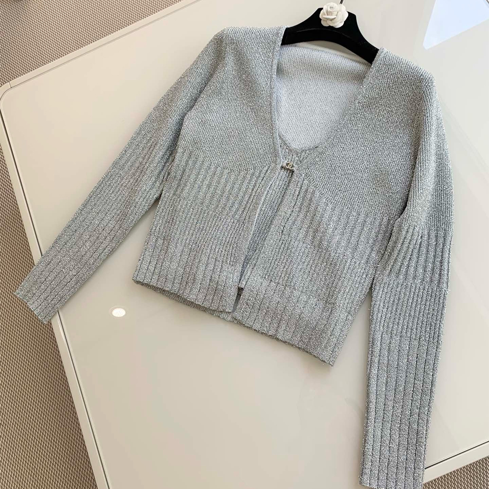 Chanel Silver Yarn Knitted Cardigan Suspenders #331384