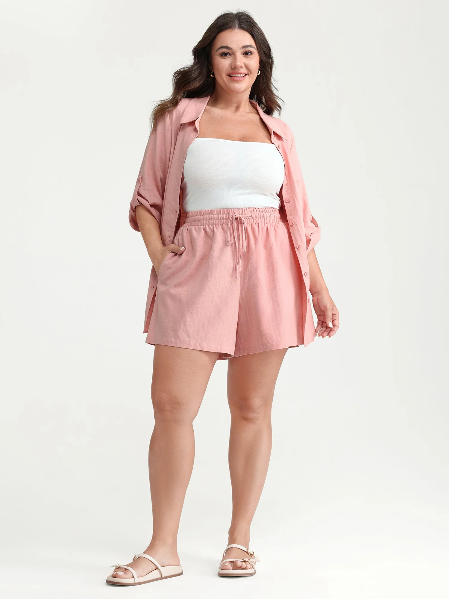 Plain Drawstring Elastic Waist Pockets Shorts
