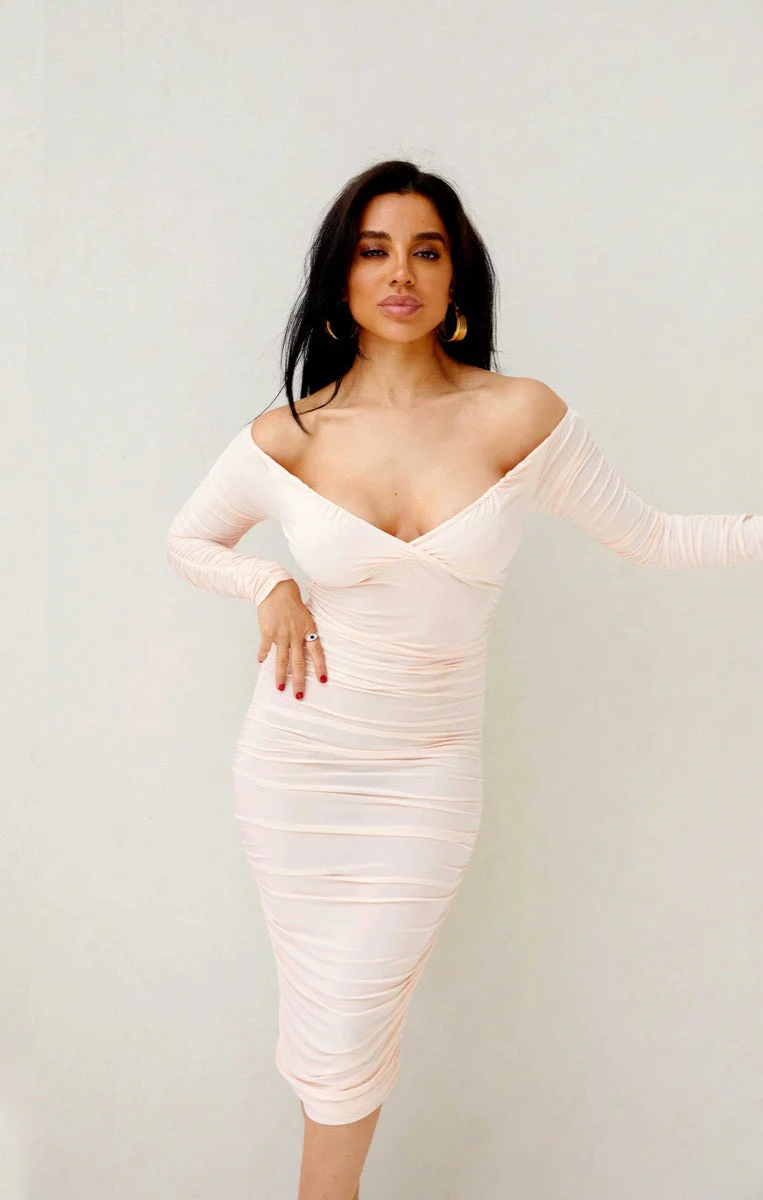 Ruched Bardot Long Sleeve Bodycon Mini Dress