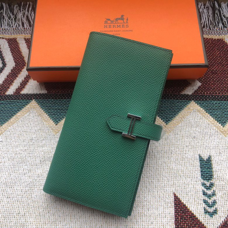 [TOP] HERMES Bearn Wallet Epsom Leather 17.5*9.5cm - Green