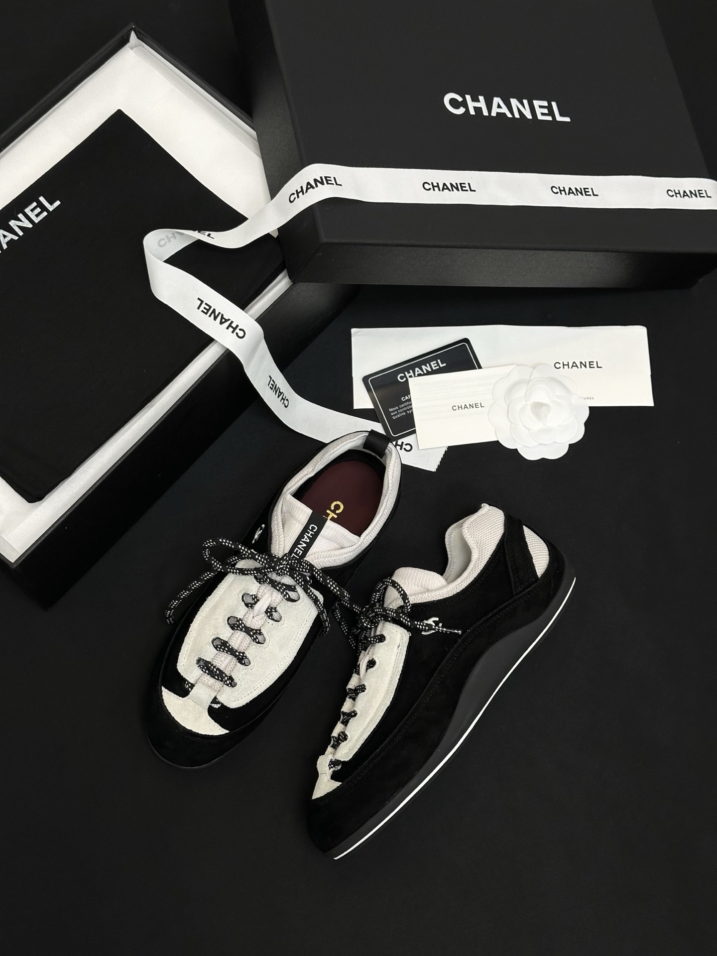 Chanel black Shoes CHANEL Sneakers Velvet Calfskin Mixed Fibers Black White #386496 View 2 | Nigo Office