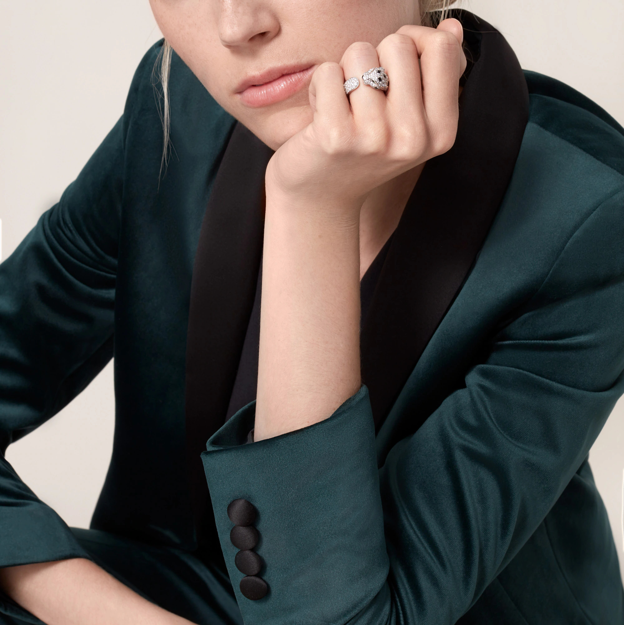 Carty Panther Motif Ring, White Gold, Medium Model, Half-Paved