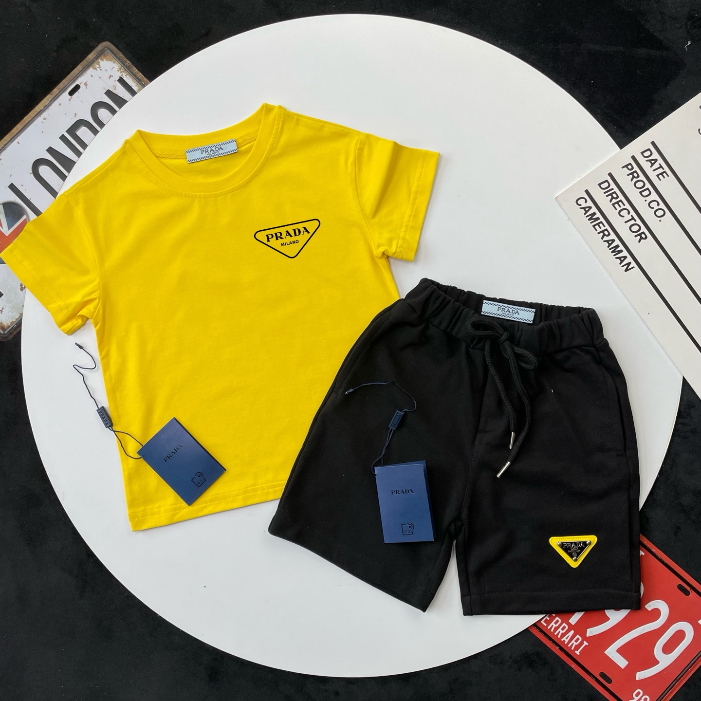 Prada Unisex Kids Yellow Triangle Logo Short Sleeve T-Shirt & Black Sweat Shorts Set Boys Girls Sizes 90-150