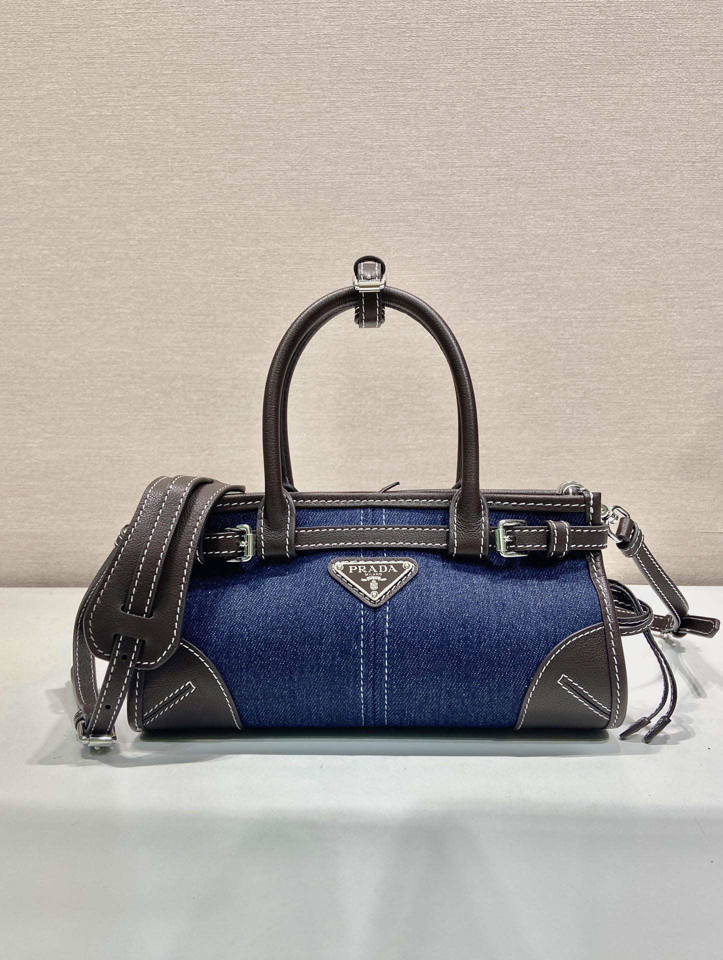 [TOP] PRADA Softlux Bag Denim/Calfskin 23.5x12x9cm - Blue and Chocolate