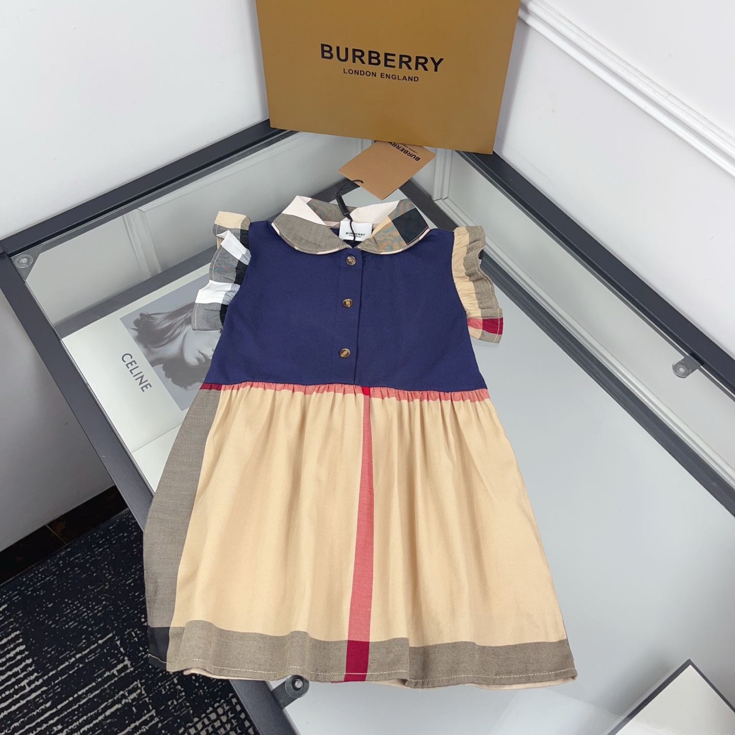 Burberry Girls Vintage Beige Plaid Collar Brown Tulle Sleeveless A-Line Dress Kids Sizes 100-160
