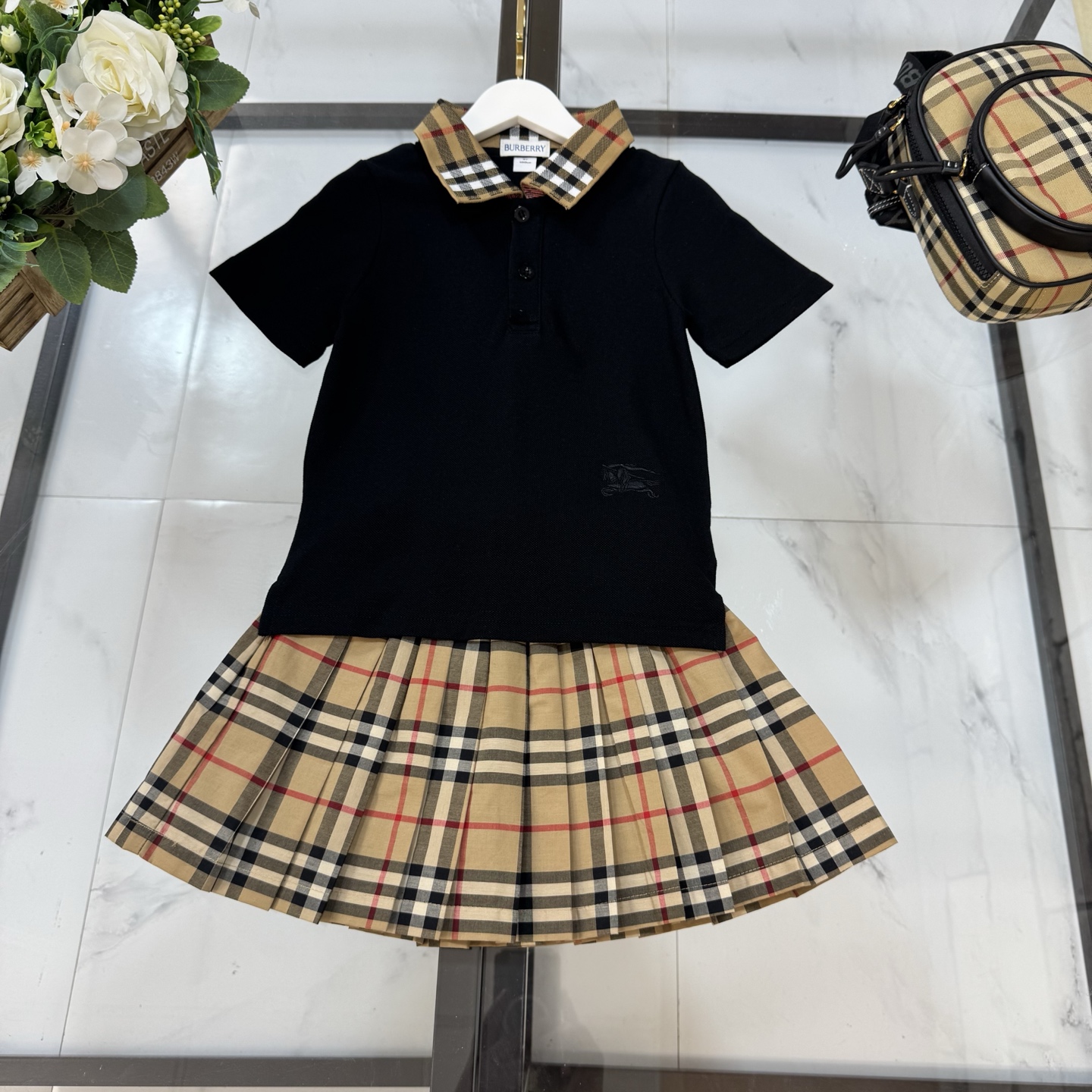 Burberry Girls Black Vintage Check Collar Polo Shirt & Signature Plaid Bow Pleated Skirt Two Piece Sibling Matching Set Kids Sizes 100-160