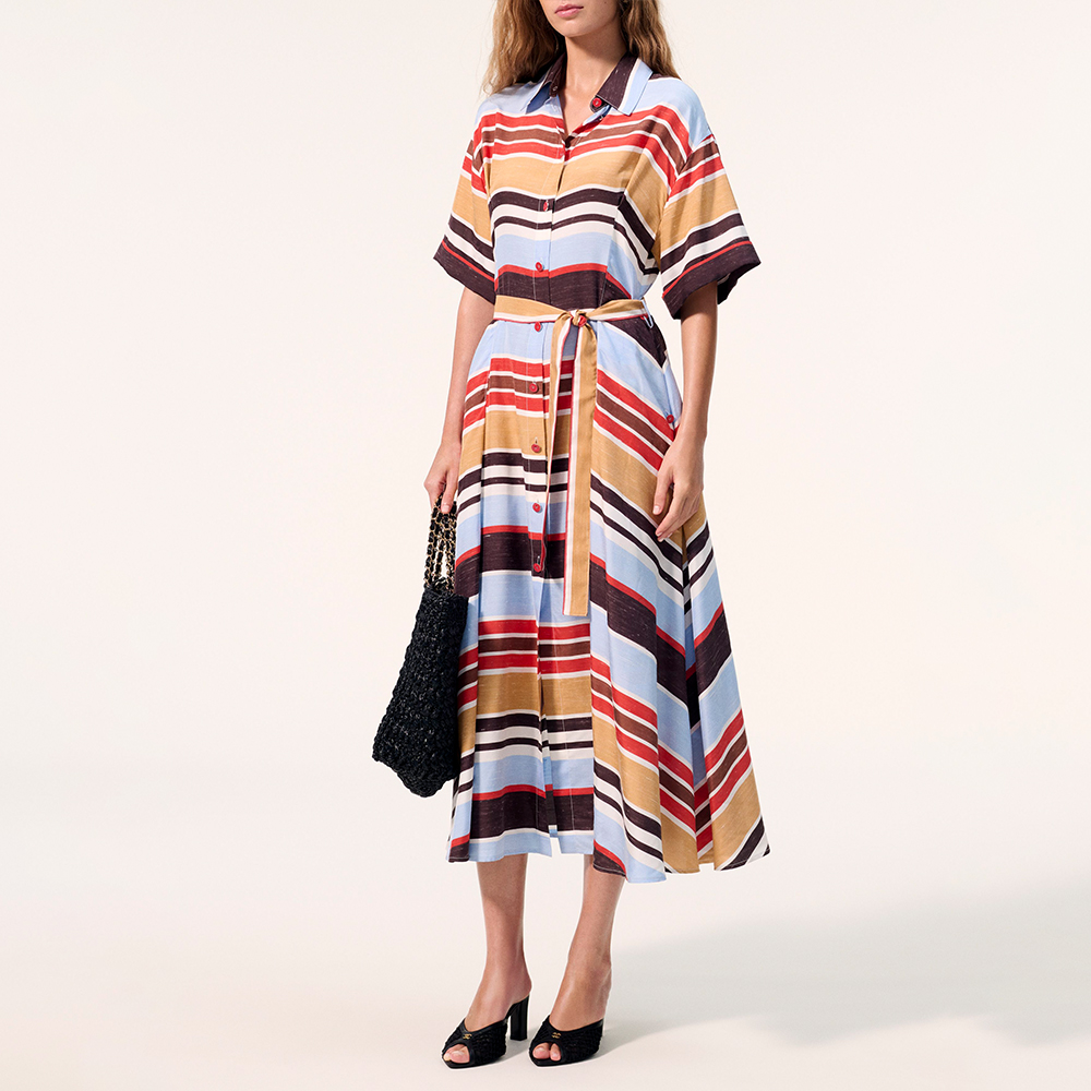 CHANEL Midi Dress Silk Blue Red Brown Beige White #387005