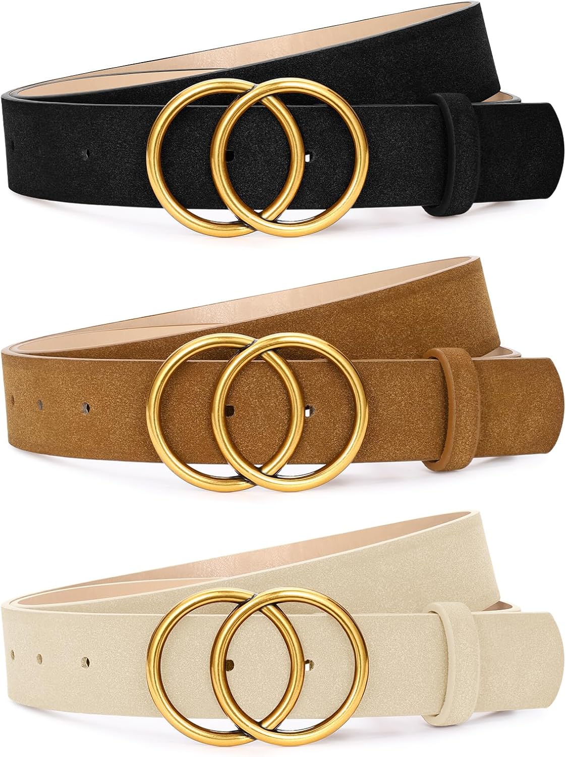 SANSTHS 3 Pack Women Waist Belts for Jeans Pants Dresses, Ladies Belt with Double O-Ring Gold Buckle