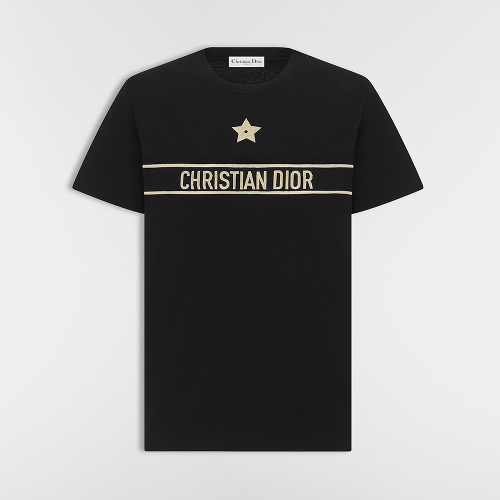 DIOR Embroidered T-Shirt Black and Gold-Tone Cotton-Blend Jersey #334724