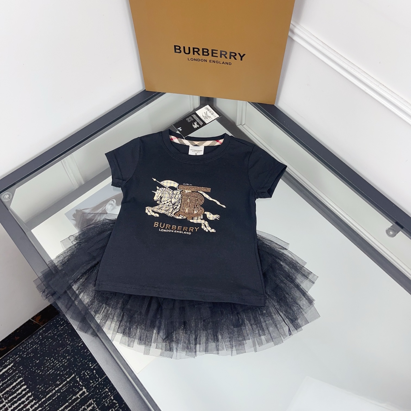 Burberry Girls Black Rhinestone Equestrian Knight Short Sleeve T Shirt & Multi-Layer Black Tulle Tutu Skirt Two Piece Princess Outfit Sizes 90-130, Little Girls Matching Set