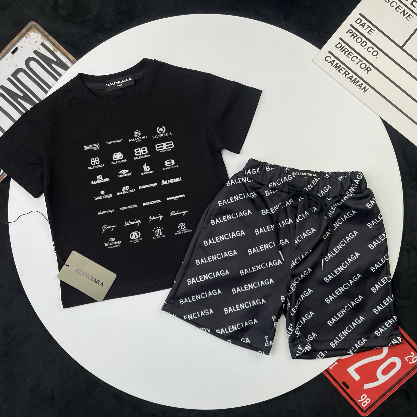 Balenciaga Unisex Kids Multi Logo Print Short Sleeve T-Shirt & All Over Letter Print Casual Shorts 2 Piece Outfit Boys Girls Sizes 90-150