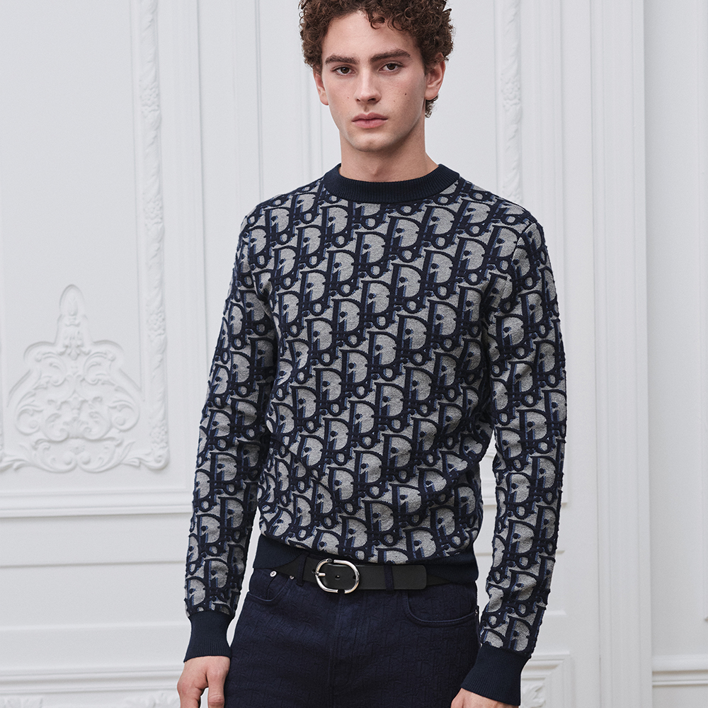 Dior blue Clothing DIOR Dior Oblique Sweater Blue Cotton Wool Silk Blend Jacquard | Nigo Office