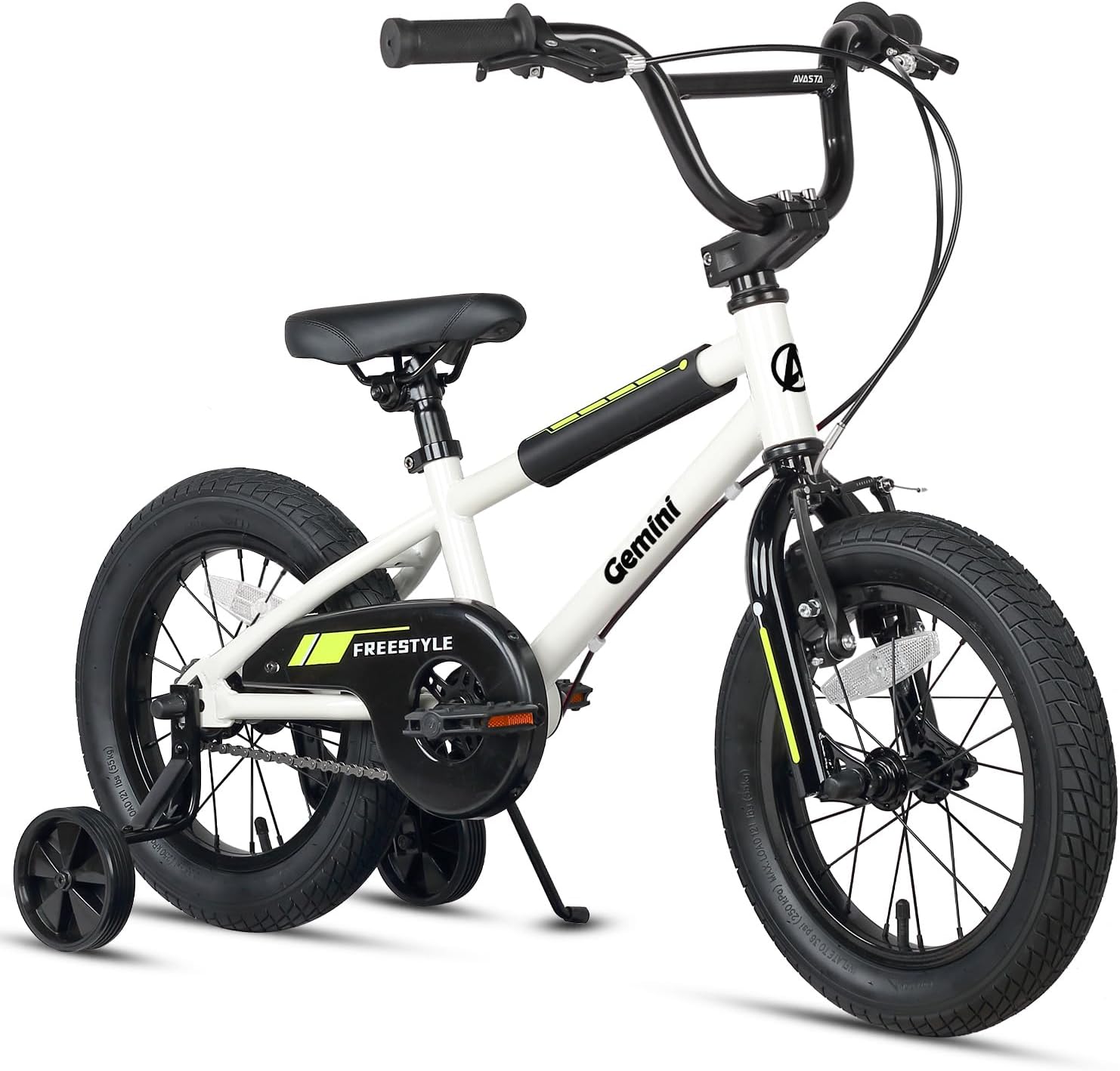 White 16-inch kids bicycle with training wheels, freestyle design, and black rims.