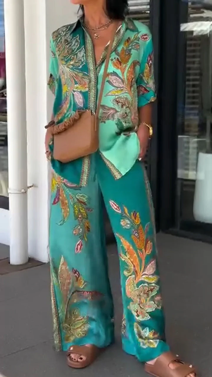 Women's Collar Printed Top+pants Loose Casual Suit
