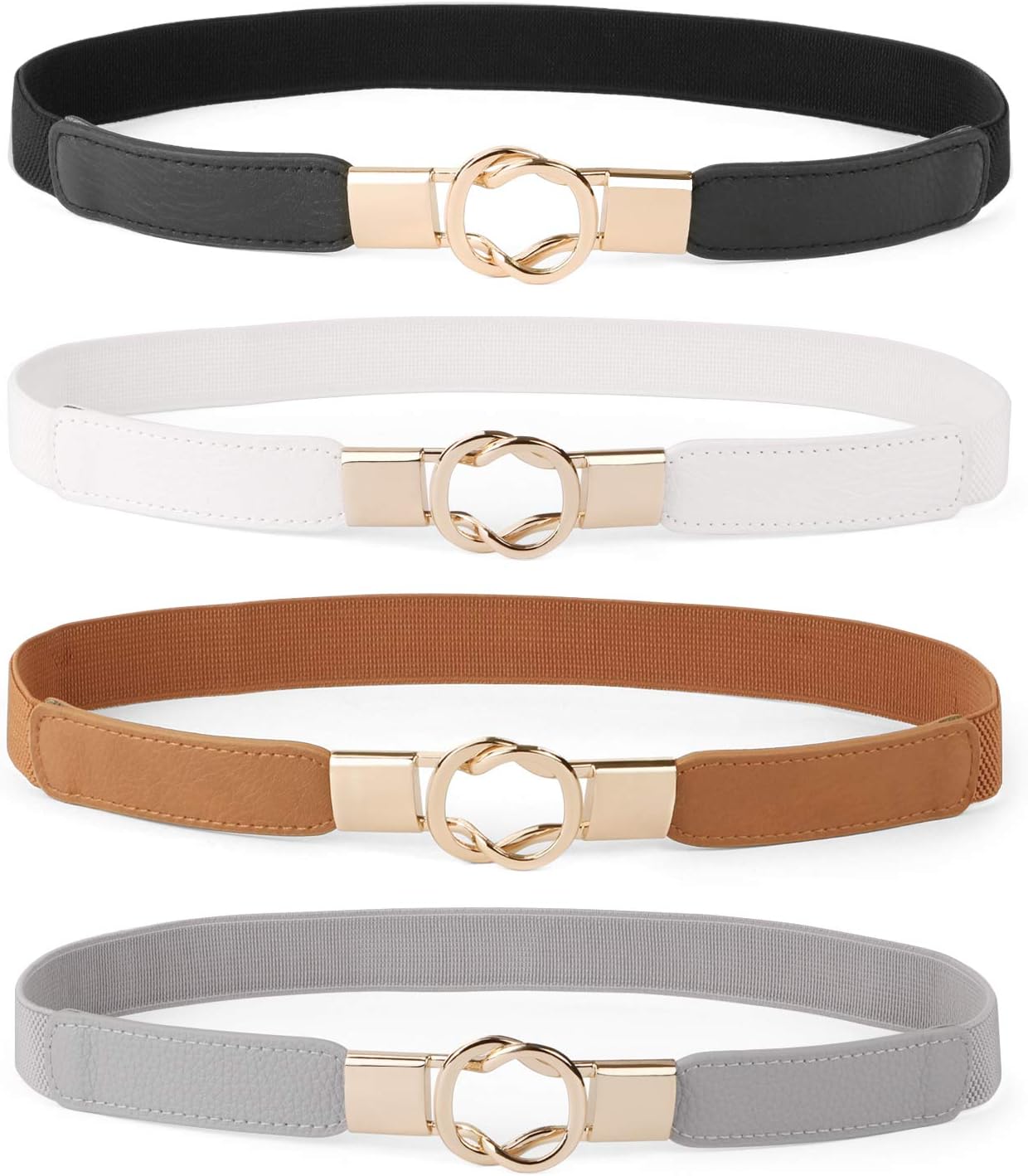 WERFORU Women Skinny Belt for Dresses Retro Stretch Waist Belt with Gold Buckle Set of 4