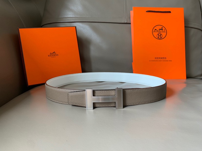 [TOP] HERMES Men's Calfskin Belt 32mm - Gray - 711 Luxury