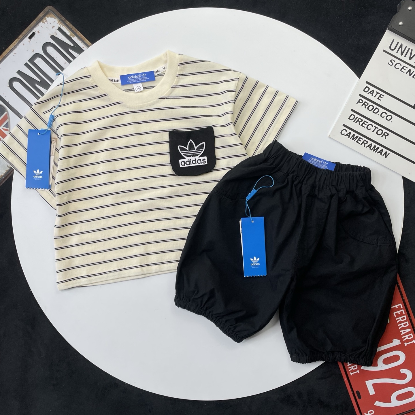 Adidas Kids 2Pcs Striped Tee & Bloom Shorts Outfit For Boys Girls Full Original Tags Sizes 90-150