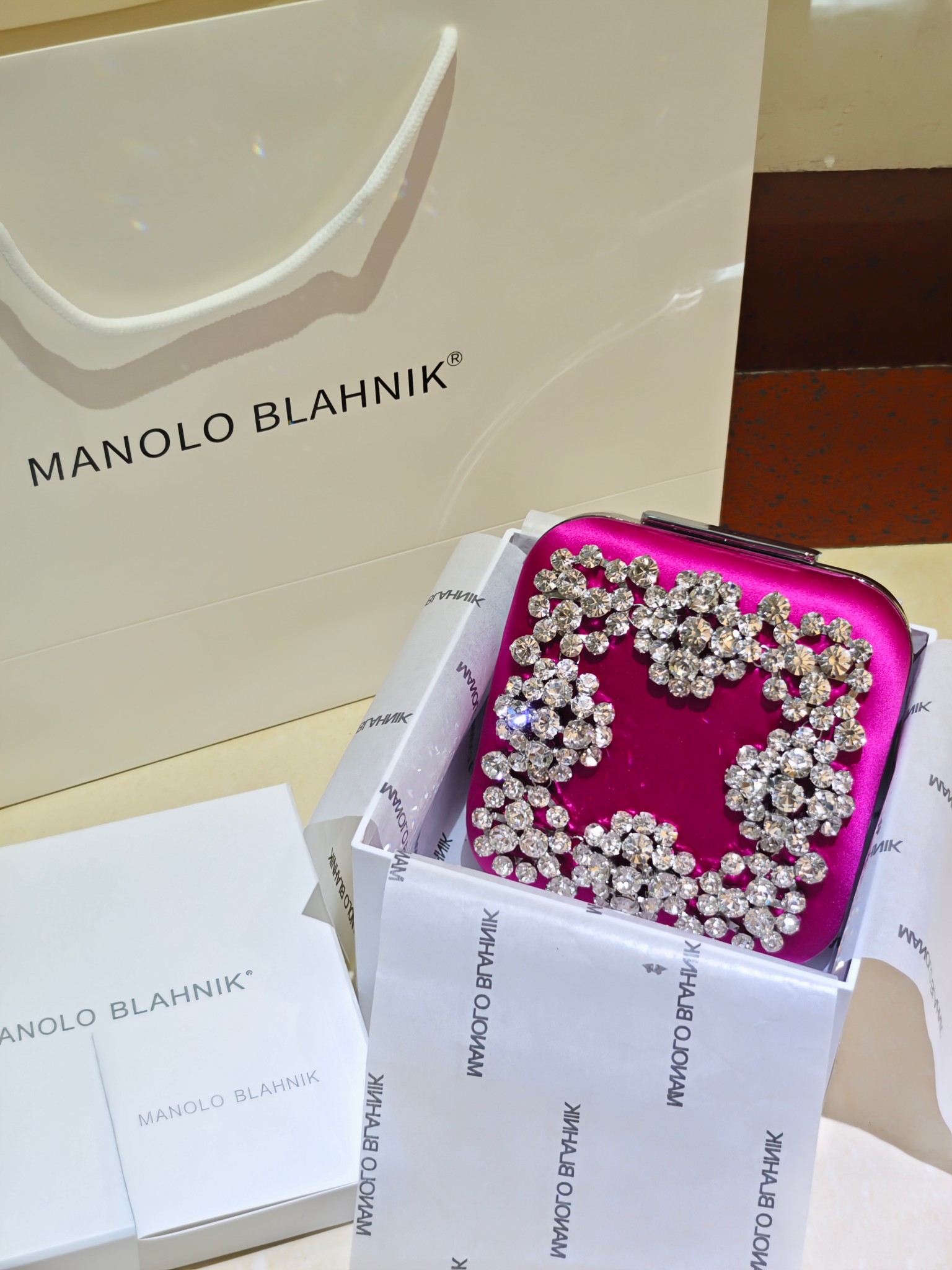 [TOP] MANOLO BLAHNIK Lace-patterned Square Bag 15.8*17*7.3cm - Rose Pink - 711 Luxury