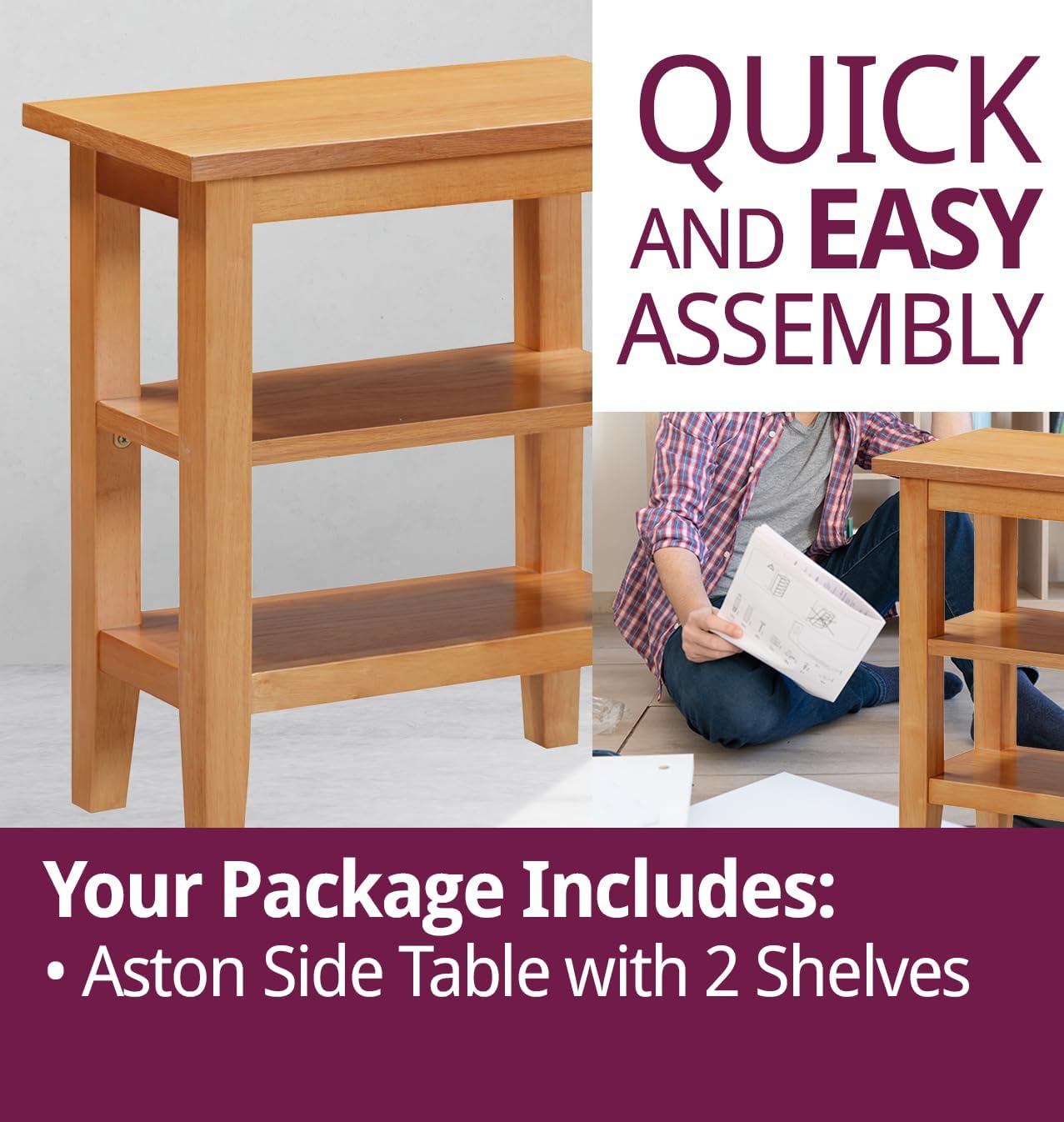 Hallowood Furniture Aston Oak Effect Small Side Table with 2 Shelves, Wooden Coffee Table with 2 Lower Open Shelves, Lamp Tables for Living Room or Hallway, Oak Bedside Tables for Small Spaces