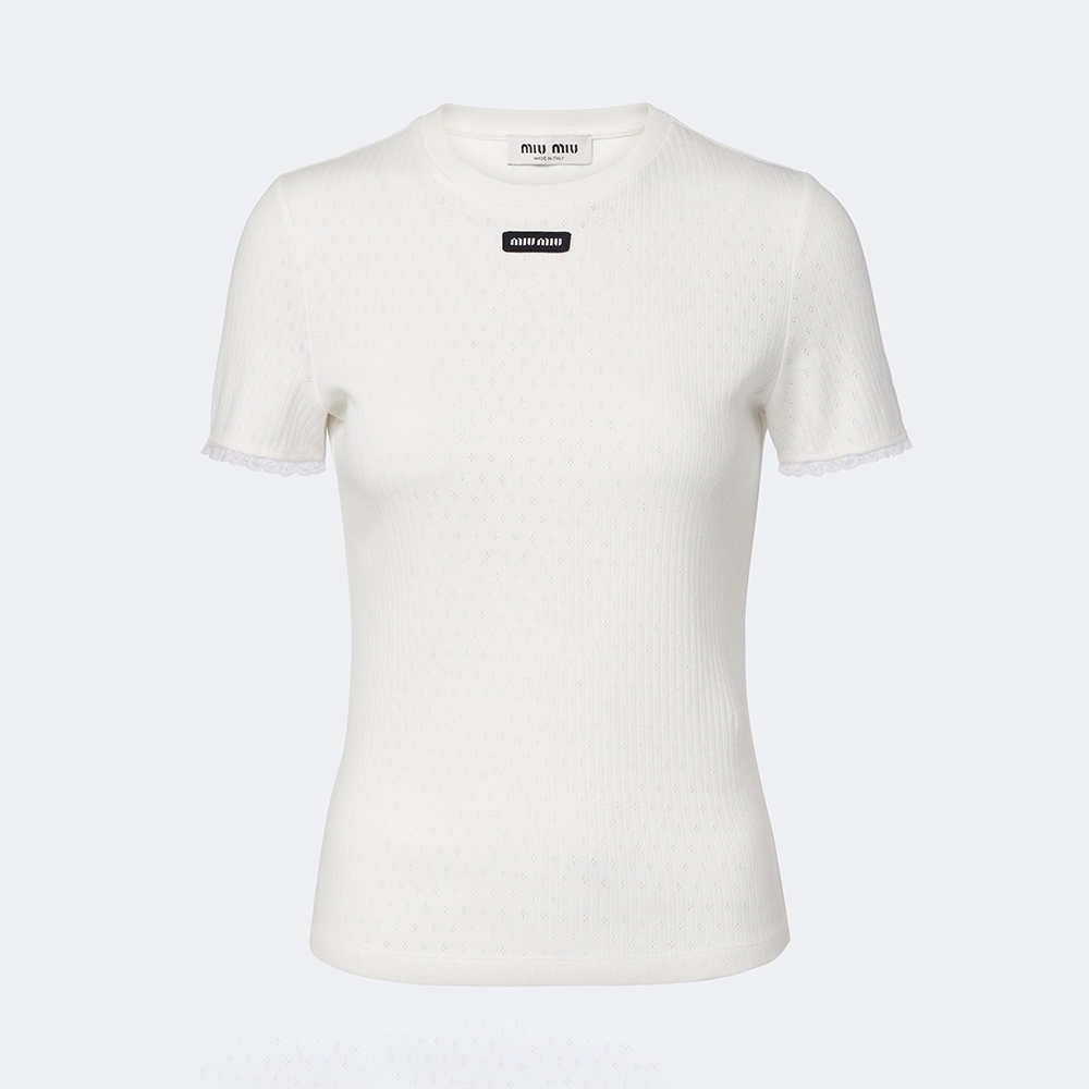 Designer white Clothing MiuMiu Pointelle cotton T-shirt in White #393839 | Nigo Office