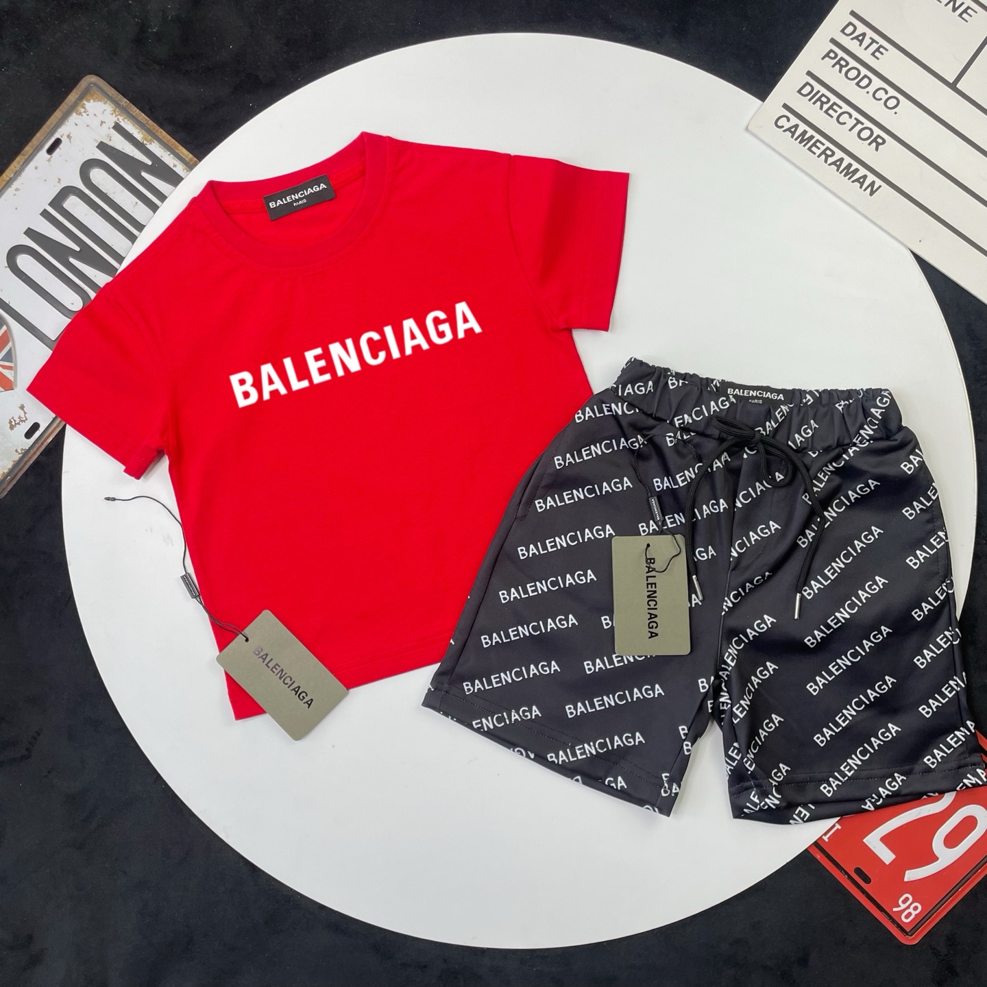 Balenciaga Unisex Kids Bright Red Solid White Letter Short Sleeve T-Shirt & Black All Over Logo Print Casual Shorts 2 Piece Set Boys Girls Sizes 90-150
